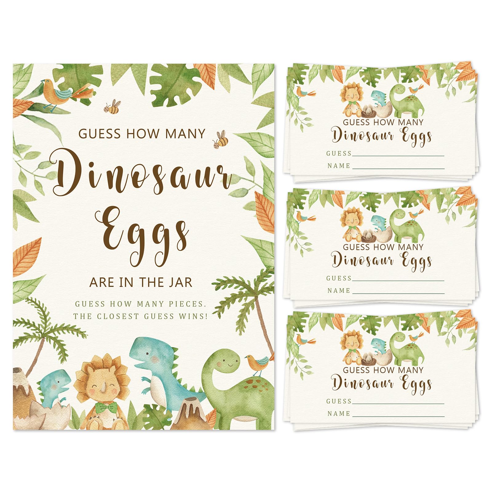 FYSUIMU 50Pcs Dinosaur Guessing Game Cards with Foldable Table Sign Cute Guess How Many Dinosaur Egg Candy Jar Game Cards for Birthday Baby Shower