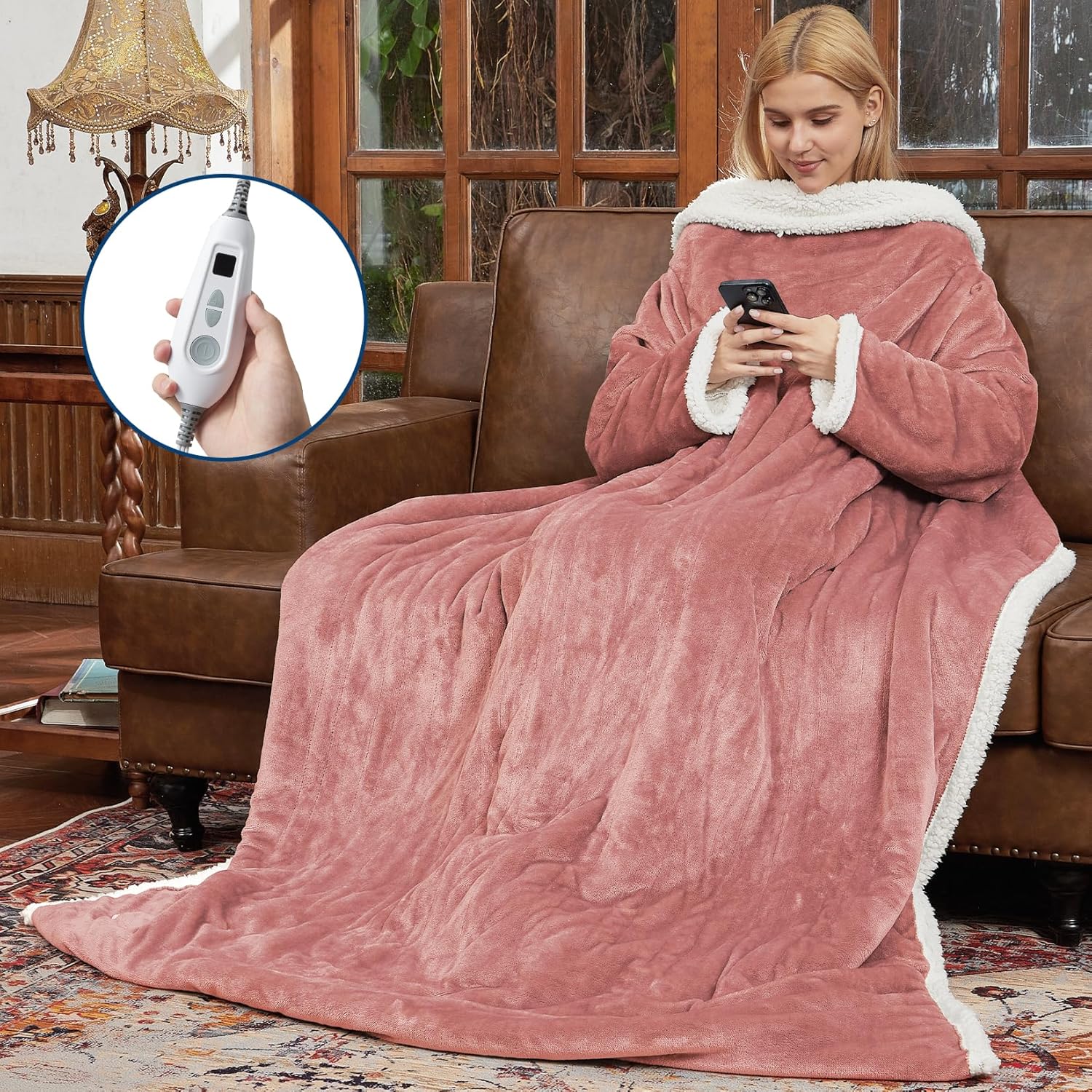 GarveeHome Wearable Heated Blanket with Foot Pocket & Sleeves, Electric Snuggle Throw Blankets, Flannel & Sherpa, 6 Heat Settings & 2–10 H Auto Shut-Off, 50"×70"+18", Pink