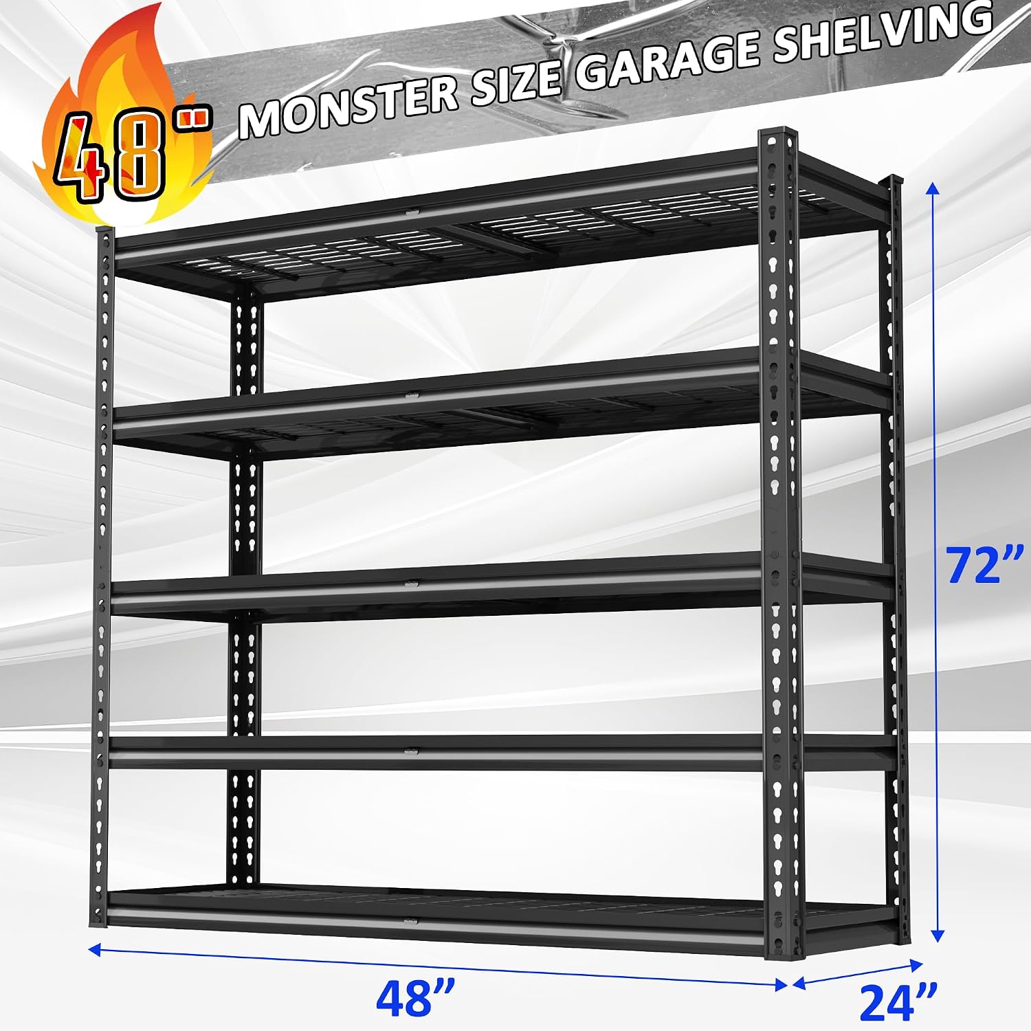 48" W Garage Shelves, 5-Tier Heavy Duty Garage Shelving Load 3030LBS, Adjustable Metal Storage Shelves, Wire Shelving for Warehouse,Industrial,Workshop,Basement, 48" W x 24" D x 72" H