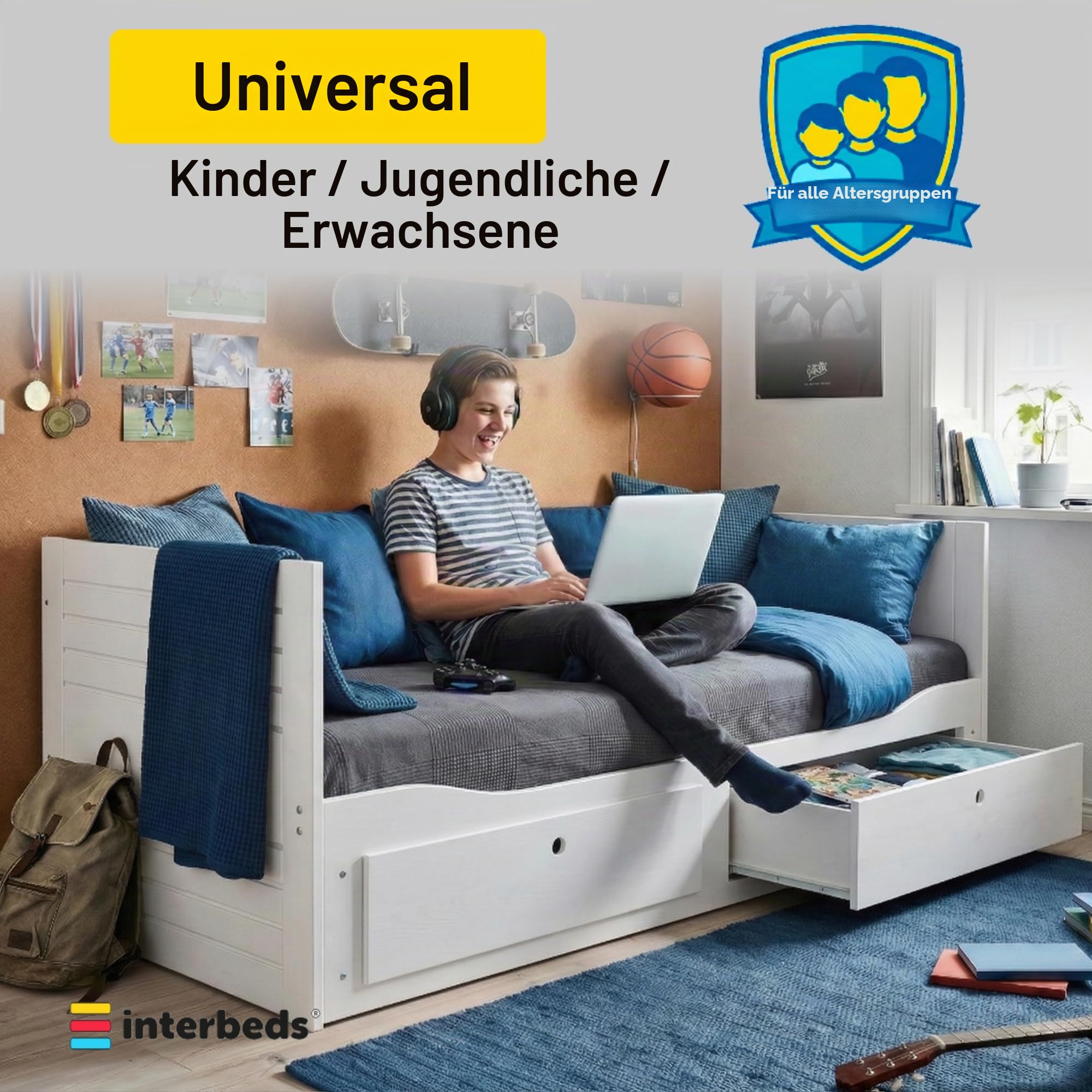 Interbeds Hermes Ausziehbares Bett Kojenbett 80x200 auf 160x200 cm Tagesbett Doppelbett Funktion Schlafsofa mit 2 Schubladen, MDF & Holz, Gästebett Kinder Jugend Erwachsene (weiß)