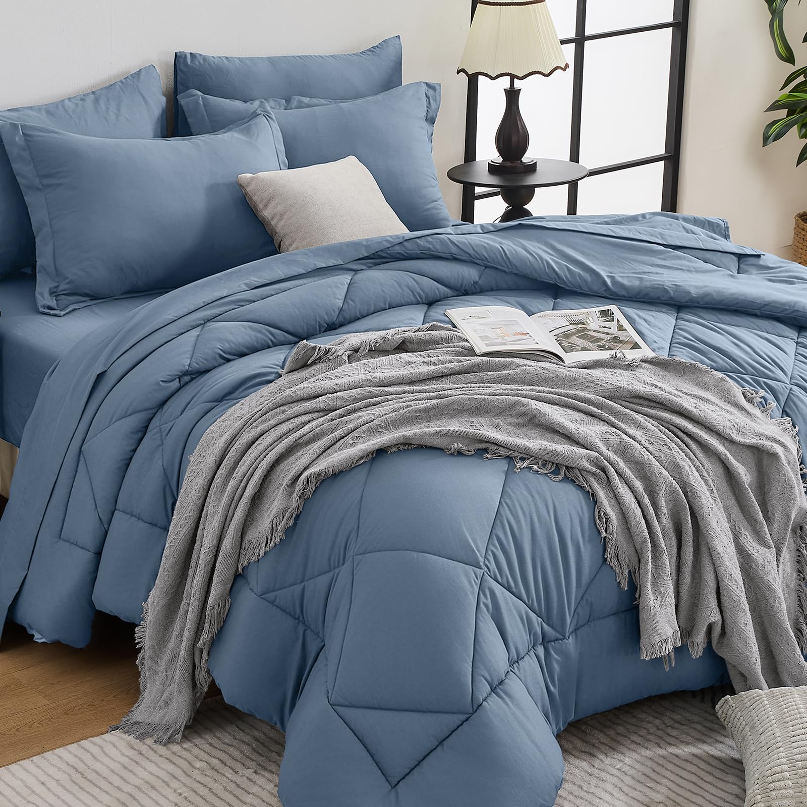 HEVUMYI 7-Piece King Comforter Set, Dusty Blue Bed in a Bag