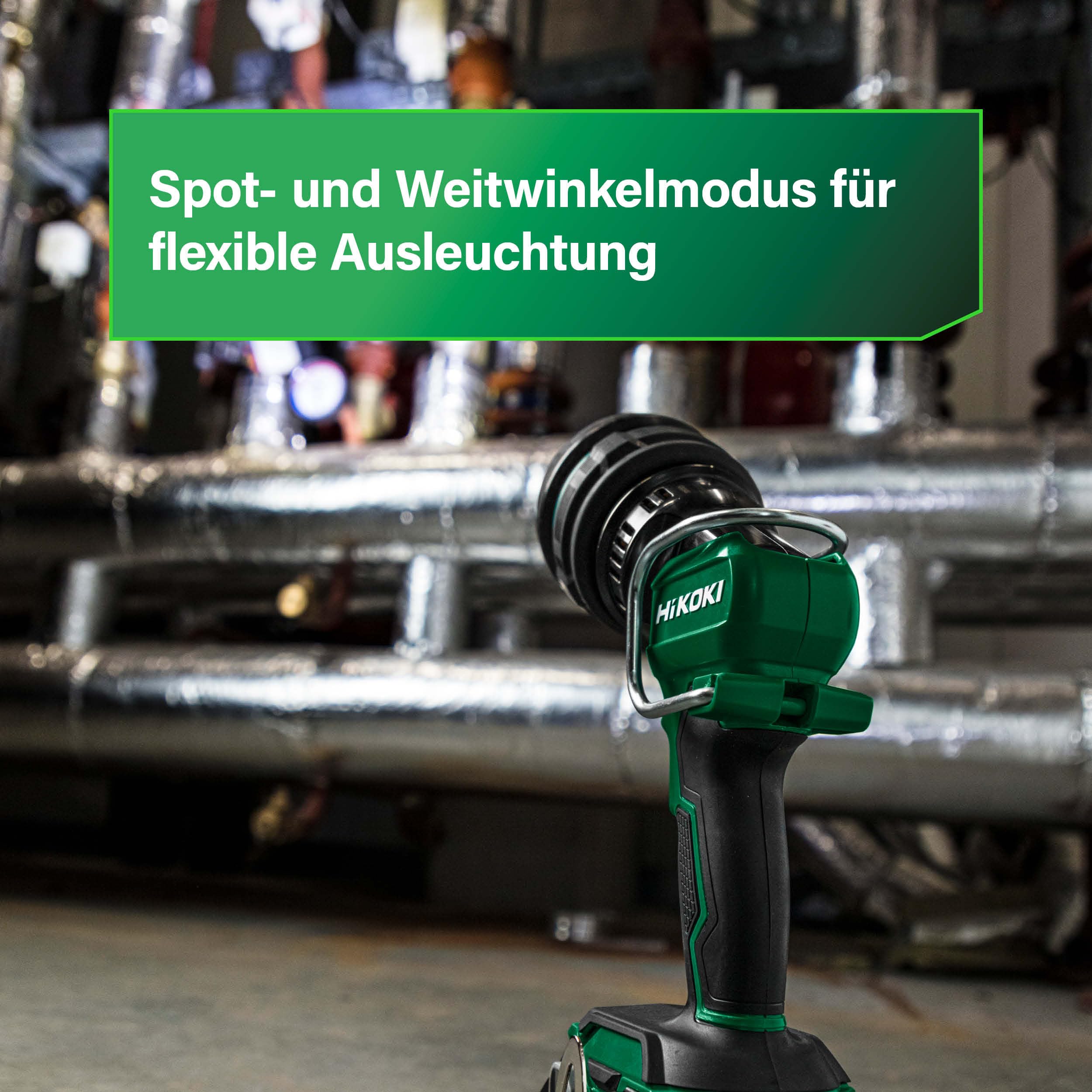 HiKOKI Akku LED Strahler UB18DH, 18V Baustrahler mit 1050 lm & Spot-Modus | Arbeitsleuchte mit 670m Reichweite, bis zu 24h Leuchtdauer, 2 Modi, ohne Akku, Ladegerät und Koffer