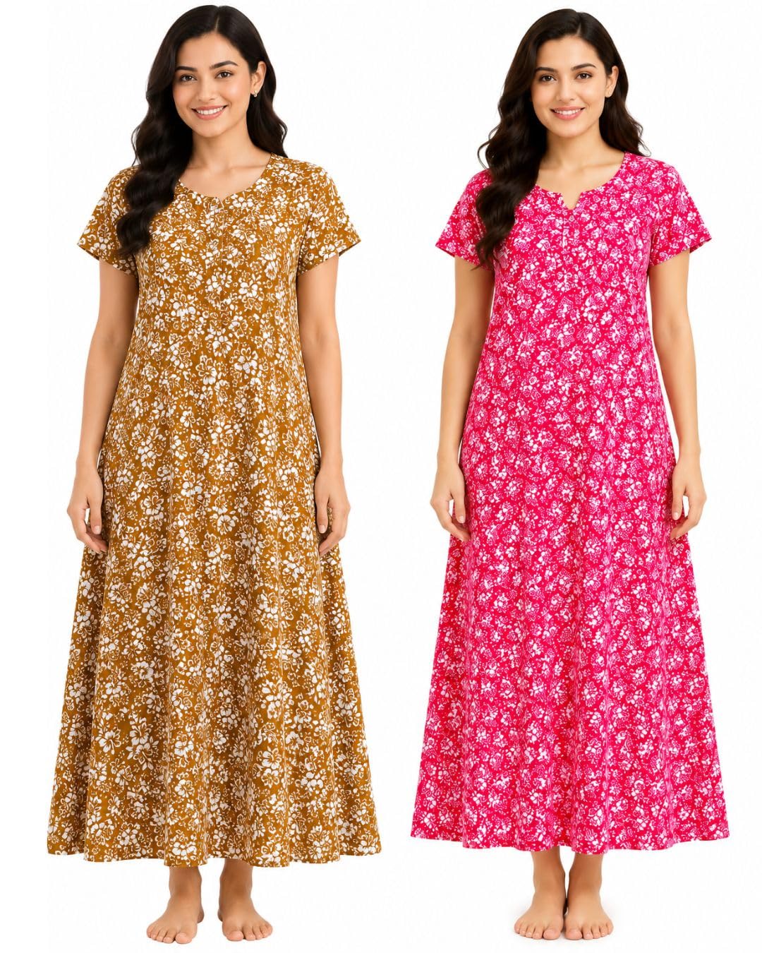 Nighty for Women Cotton Printed Maxi Gown | Ankle Length Night Dress with Pocket | Soft Breathable Ladies Nightwear | Comfortable Sleepwear & Lounge Wear | Free Size (Pack of 2)-image-24