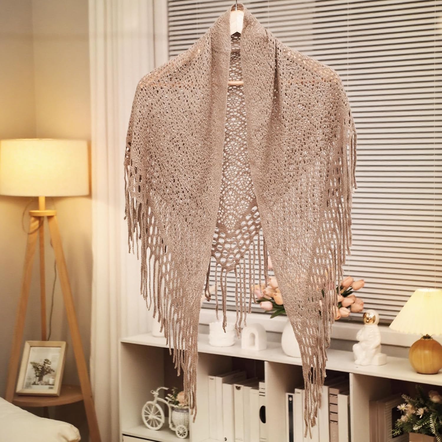 Cutecrop 3 Pcs Fringe Shrug Sweaters for Women Shawl Front Warp Cardigan Hollow Out Knitted Shawl Sweaters for Winter, White, Black, Khaki