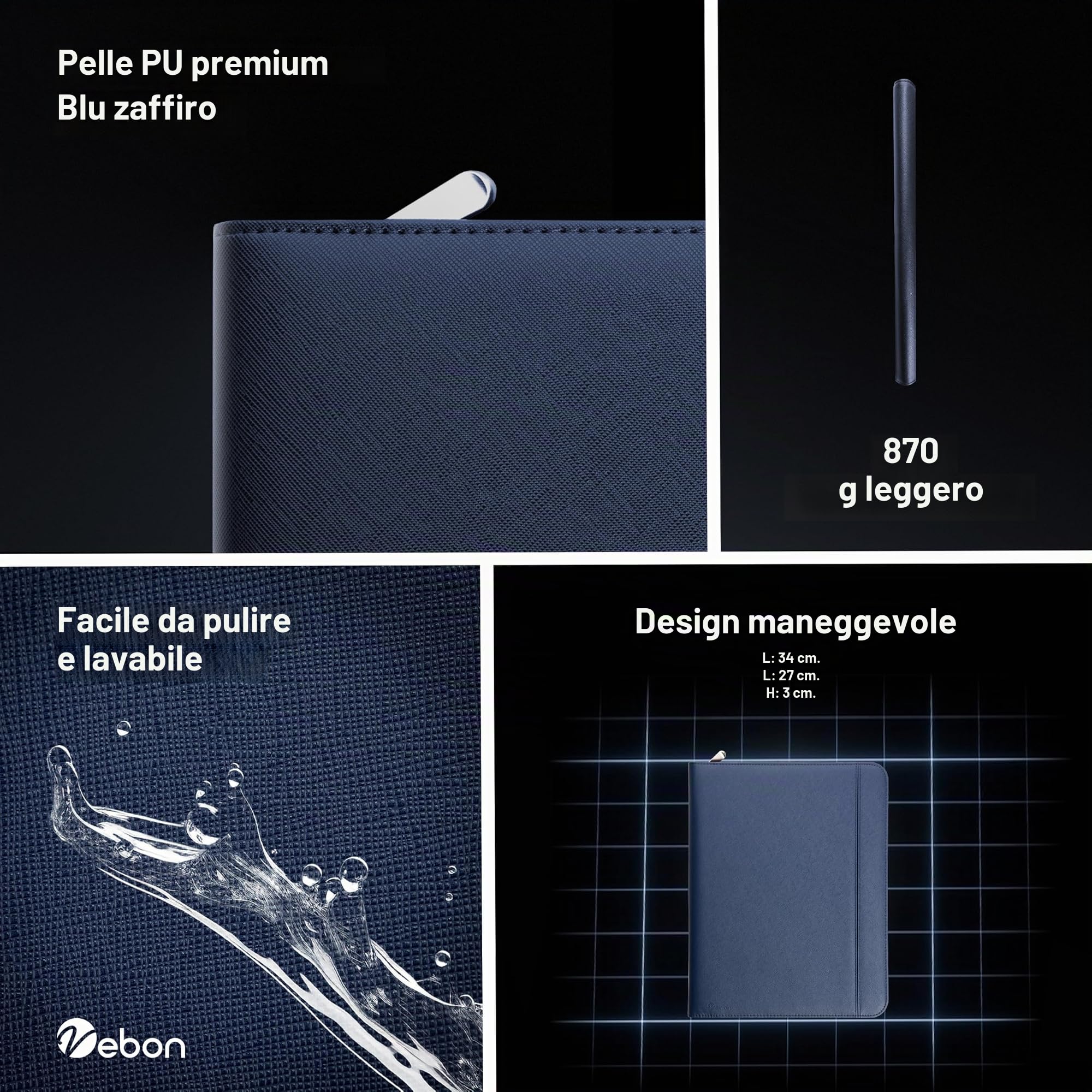 Vebon Cartella A4 grande Roma doppia cerniera portacarte borsa laptop pelle sintetica blu zaffiro 34 x 28 x 3 cm