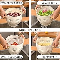 Vista 32 de Colador de metal con mango de madera y base estable, cesta coladora de cocina de acero con recubrimiento en polvo para escurrir pasta, verduras