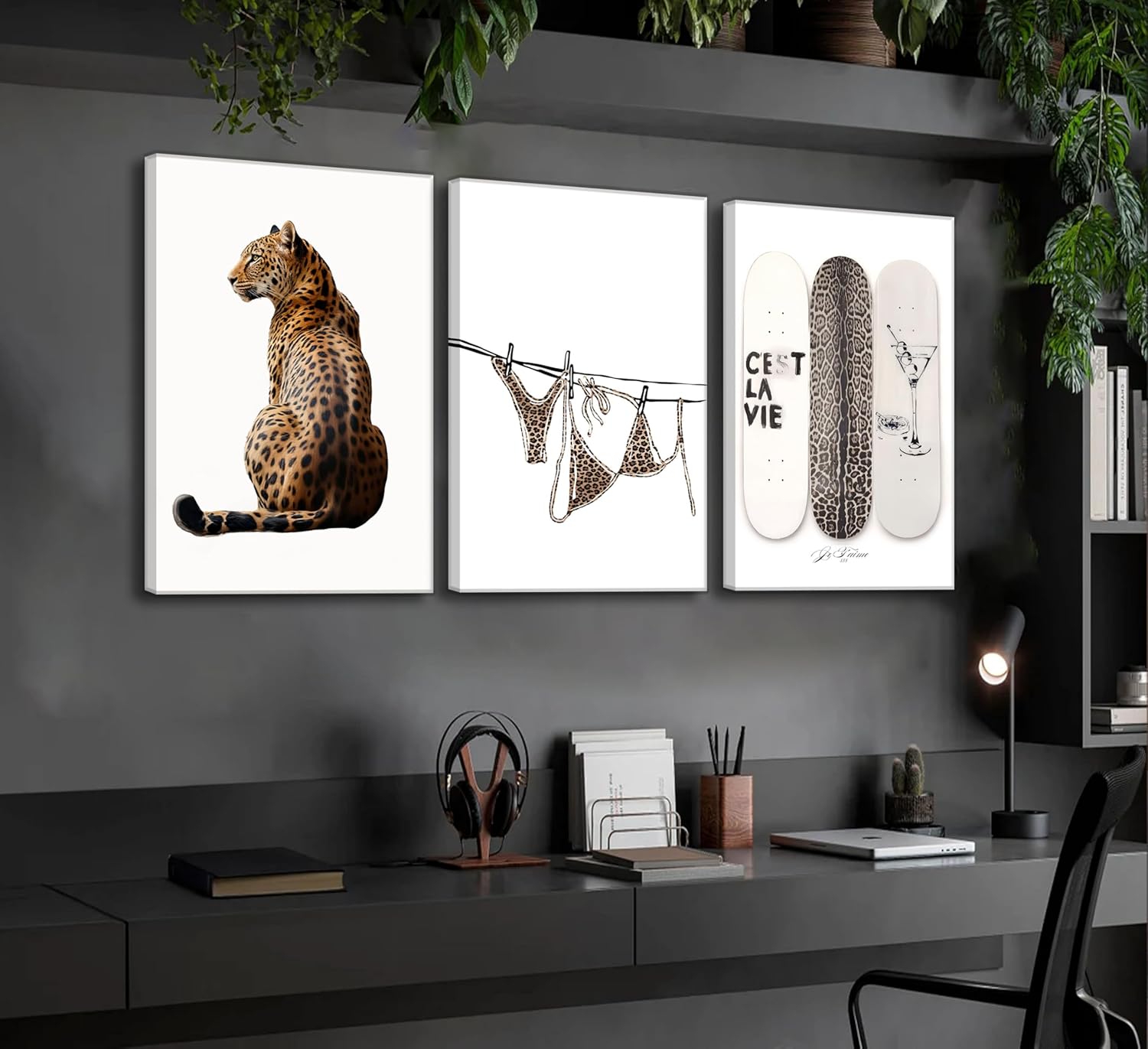 TOLAN 3Pcs Trendy Leopard Print Canvas Wall Art Stylish Female Aesthetic Poster Cheetah Printed Preppy Fashion Skateboard Picture Wall Decor for Bedroom Apartment Dorm Living Room Home Decoration
