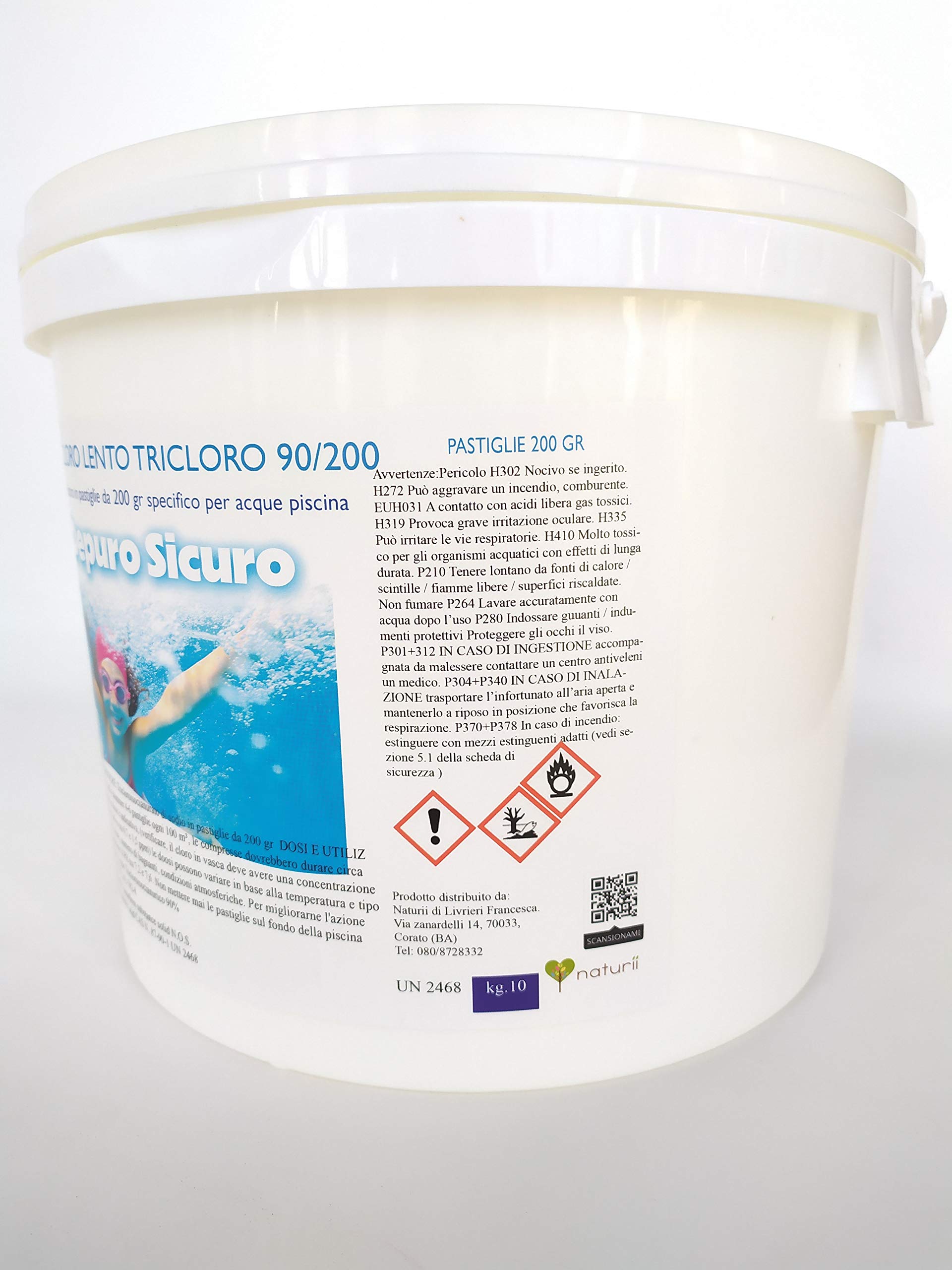 Depuro Sicuro kg 10 Cloro Lento, tricloro 90/200 compresse Pastiglioni da 200 gr, cloro attivo 90%