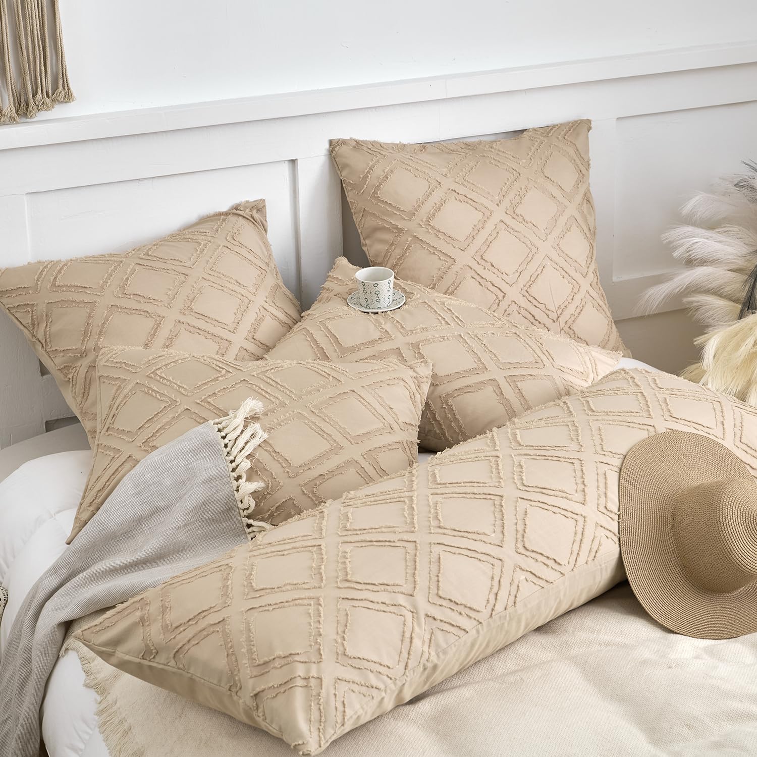 Queen Pillow Shams 2 Pack, Queen Size Pillowcases, Soft Microfiber Geometric Boho Pillow Covers with Envelope Closure, Camel, 20x30 Inches (No Insert) - Image 6