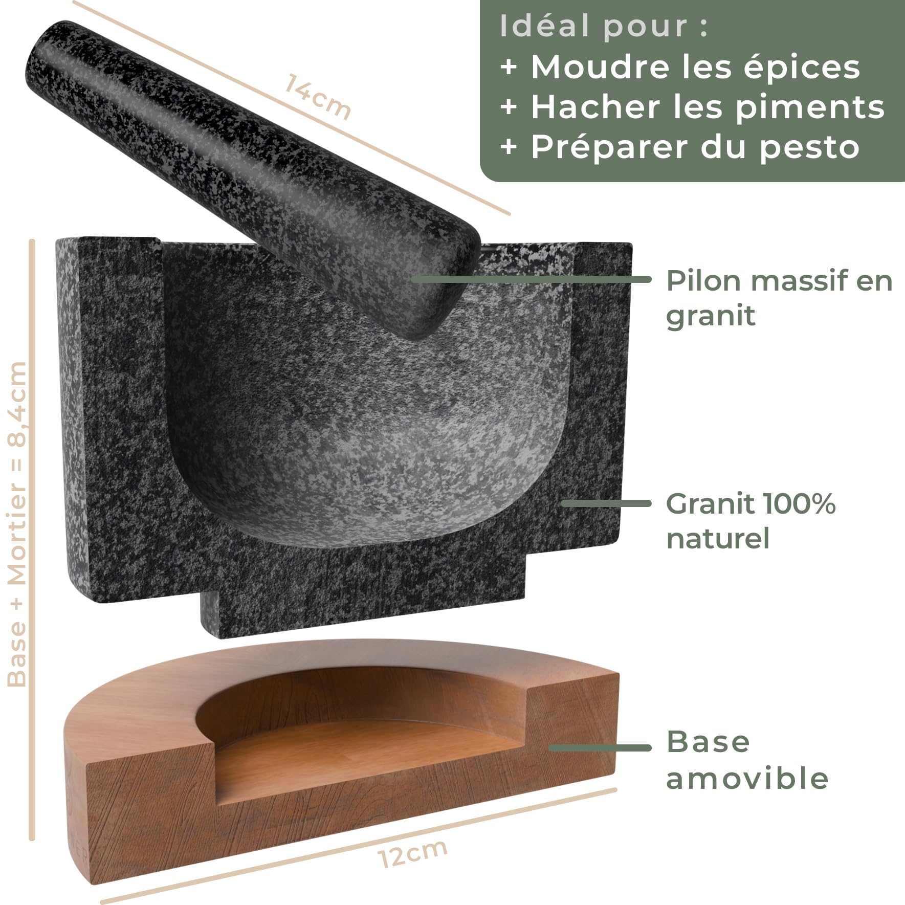 WALDWERK Mortier avec Pilon pour Cuisine (diamètre de 12 cm) - Mortier avec Base en Bois d’Acacia Élégante et Solide - Pilon du Mortier Extra Long en Granit Naturel