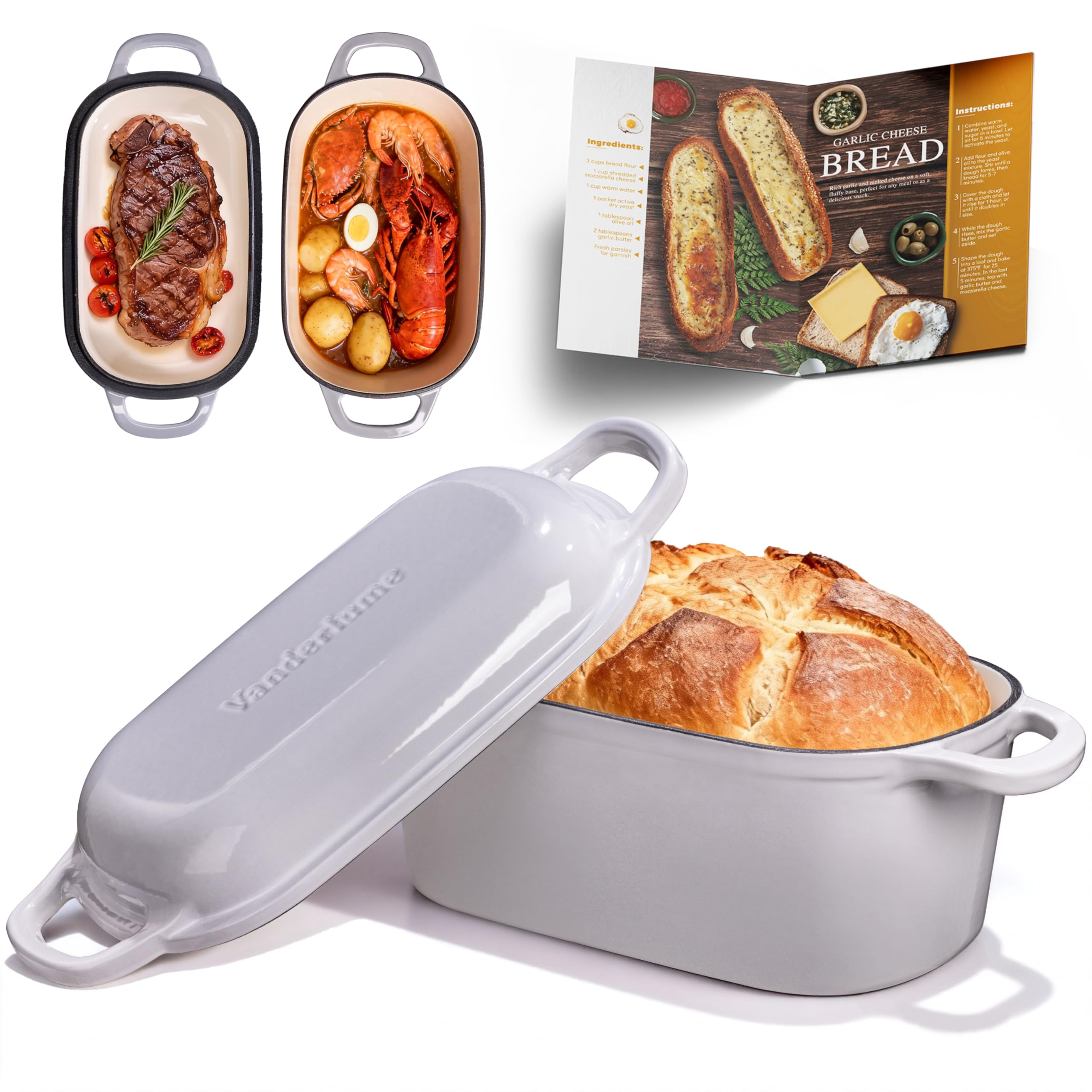 Vanderlume 4.6-Quart Oval Dutch Oven for Bread Baking, 2 in 1 Cast Iron Bread Pan with Lid, Sourdough Bread Dutch Oven for a Crispy Crust, Oyster Grey