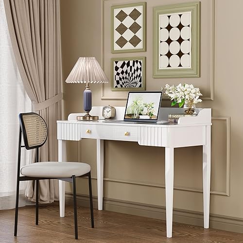 Miniatura 5 de ukorua Escritorio moderno blanco con cajonesescritorio de madera claraescritorio de computadora de madera macizaescritorio de oficina en casa para