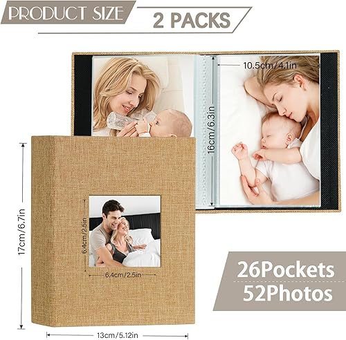 Miniatura 2 de Artmag Mini álbum de fotos de 4 x 6 pulgadas, 50 bolsillos, paquete de 2, cubierta de lino con ventana frontal, capacidad para 100 fotos verticales