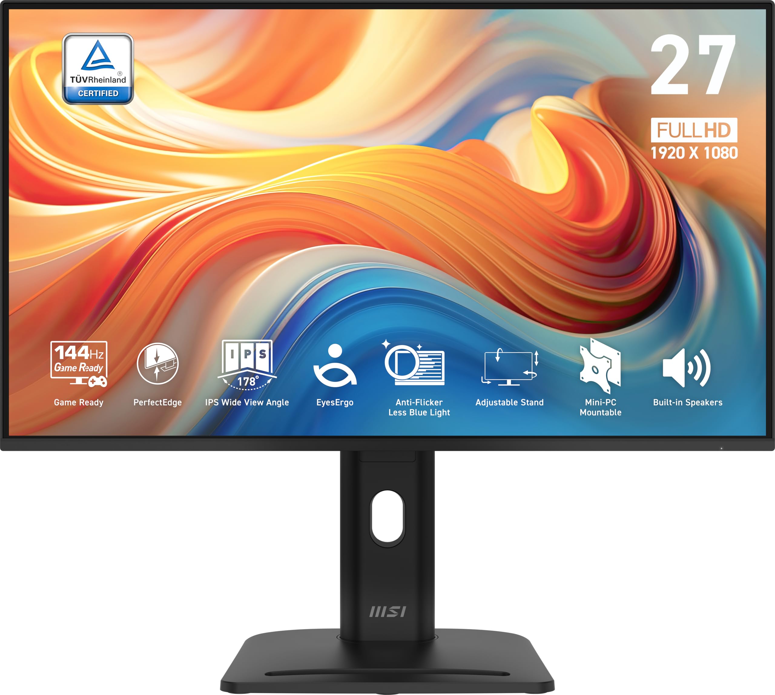 MSI Pro MP275PG E14 Monitor Profesional FHD de 27 Pulgadas, 1920x1080 IPS, 144Hz, 1ms, HDR Ready, Eye Care, Altavoz Integrado, HDMI 2.0, DP 1.2a, Ajustable en inclinación, Altura, Soporte Vesa, Negro