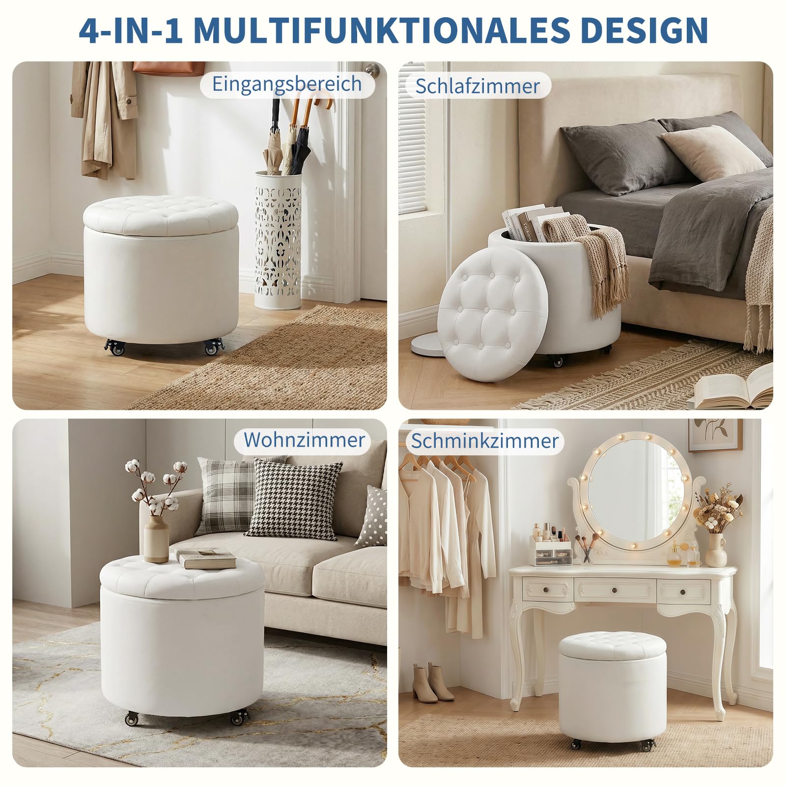 Hocker mit Rollen, 48cm Runder Fußhocker mit Stauraum, Knopfgeheftete Sitzhocker Schminkhocker mit Abnehmbarem Deckel für Wohnzimmer, Schlafzimmer, Esszimmer, PU, Elfenbeinweiß