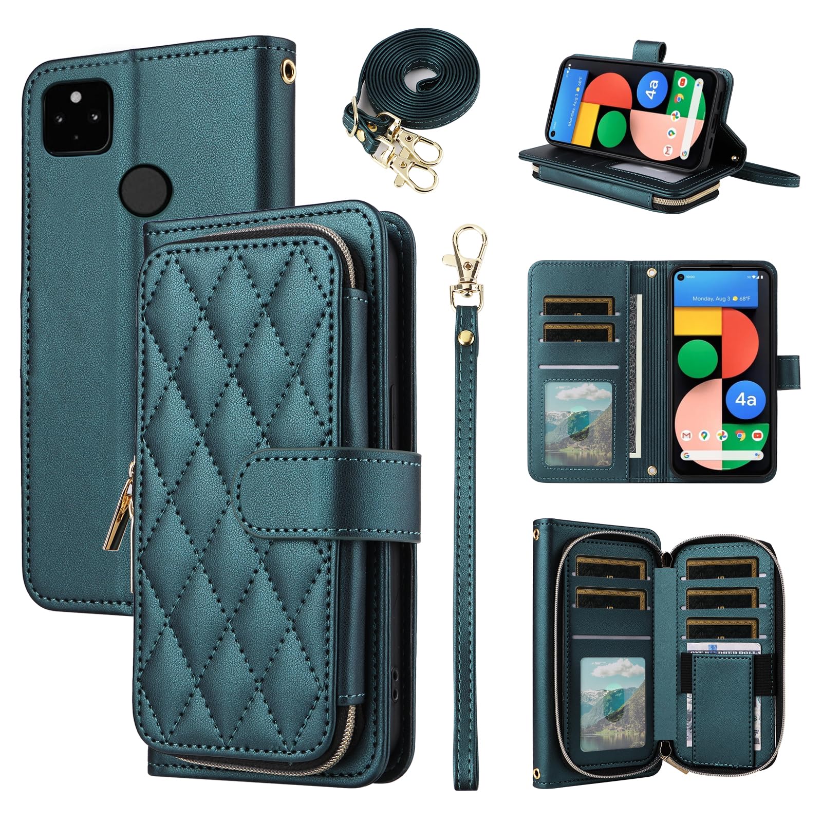 Furiet Argyle Wallet Case for Google Pixel 4a 5G 6.2 with Wrist Strap Shoulder Strap 9+ Card Slot Zipper Purse Stand Checkered Cell Phone Cover for