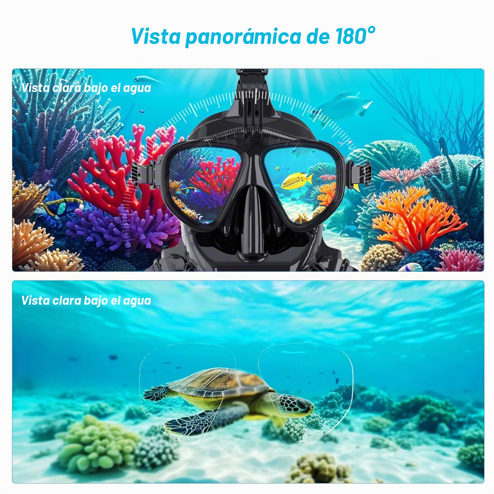 Máscara de Buceo de Cara Completa Compatible con Cuceo y Esnórquel, con Soporte para Cámara Que Proporciona una Vista Panorámica de 180° Compatible con Mini Tanques de Buceo SMACO 1L/1.9L