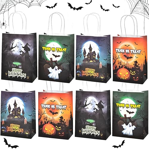 Miniatura 1 de OGLARING - 24 bolsas de papel de regalo de Halloween, pequeñas bolsas de dulces de Halloween con asa, bolsas a granel para dulces o trucos para