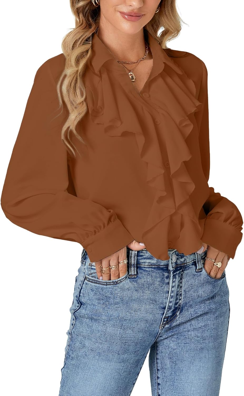 LYANER Women's Dressy Ruffle Blouse Long Sleeve Collar Neck Button Down Victorian Shirt Tops - Image 3