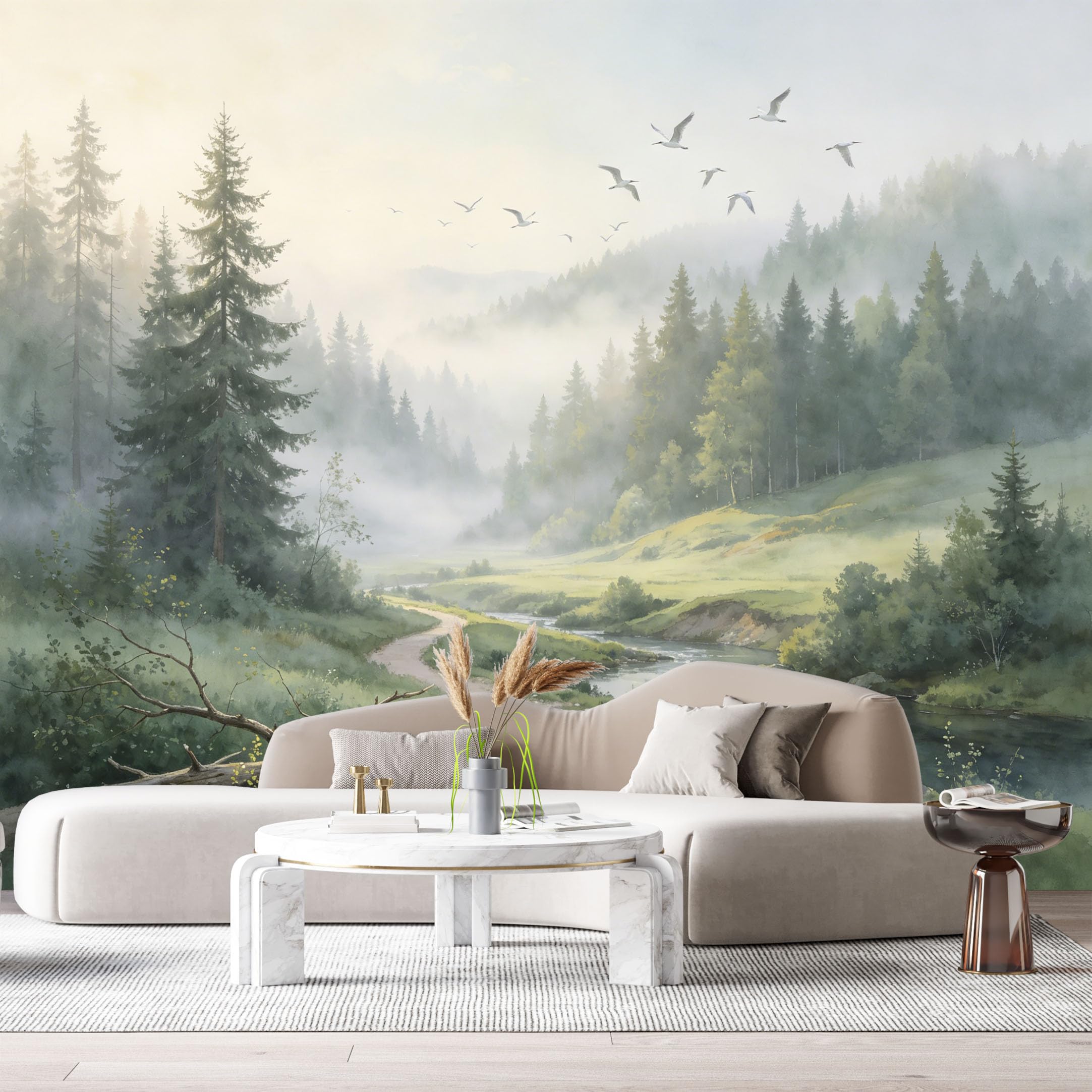 Custom Size Wall Murals Misty Forest Landscape Watercolor Painting Flying Birds Winding River SelfAdhesive Wall Fabric Removable Large Wallpaper for Photo Living Room