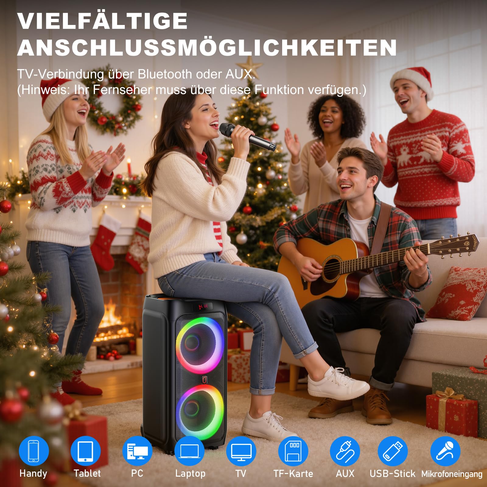 HWWR Karaoke Maschine mit 2 Mikrofones, großer Tragbaren Bluetooth Lautsprecher mit RGB-Licht, Karaoke Anlage für Karaoke, Hausparty, PA-System für Erwachsene Partybox Unterstützt TWS,TF/USB, AUX,Rec