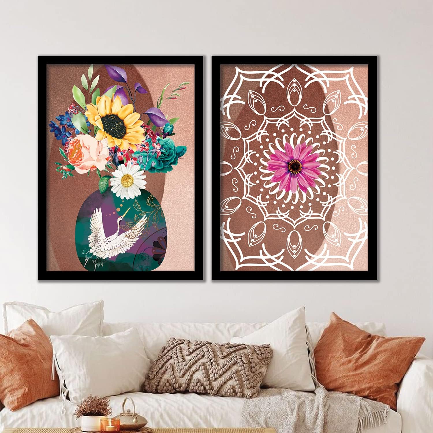 NoWorries - Wall Paintings for living room Tropical Framed Paintings for Wall Decoration- Sun & Moon Theme Wall Posters/Paintings (14 inch x 18 inch, Multicolor) Set of 2