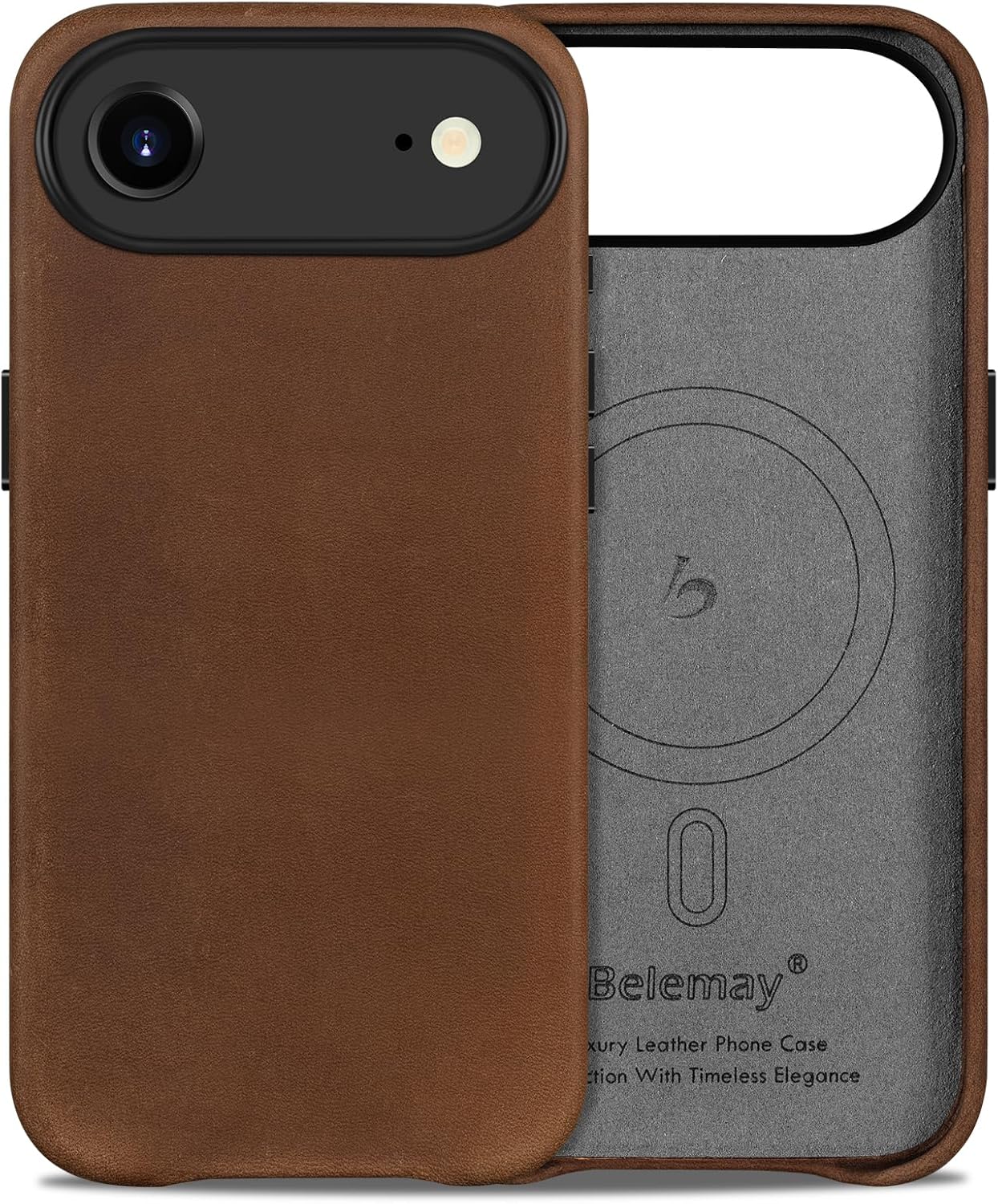 Belemay Handcrafted Crazy Horse Leather Case for iPhone 17 Air, Compatible with MagSafe, Vintage Aesthetic, Two-Tone Effect, Unique Patina, Camera Control Button, Metal Buttons (6.5"), Vintage Brown