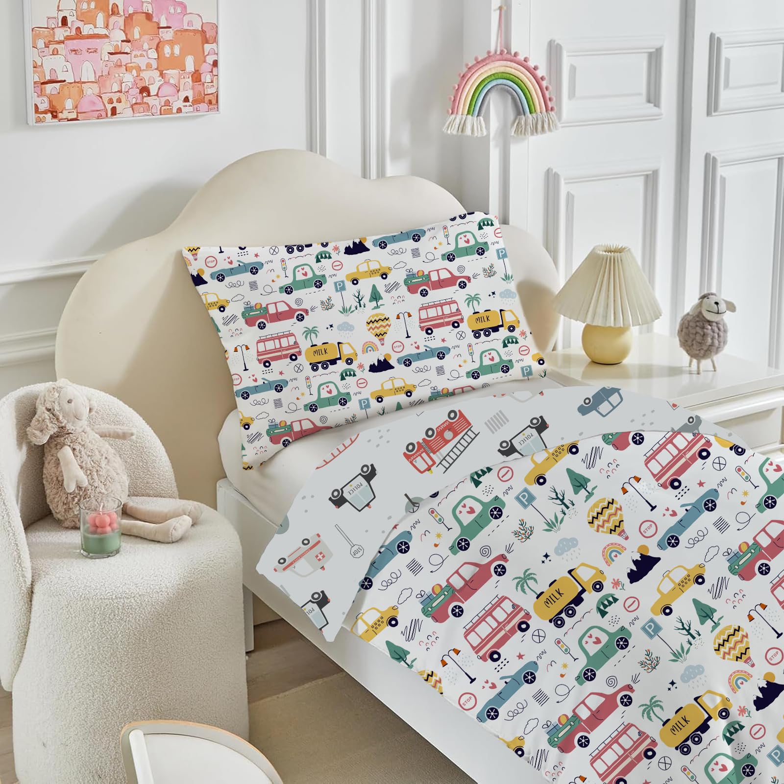 DJDEA Cot Bed Duvet Cover Set, Cartoon Vehicle Reversible Toddler Bedding Set including Zip Closure - Image 4
