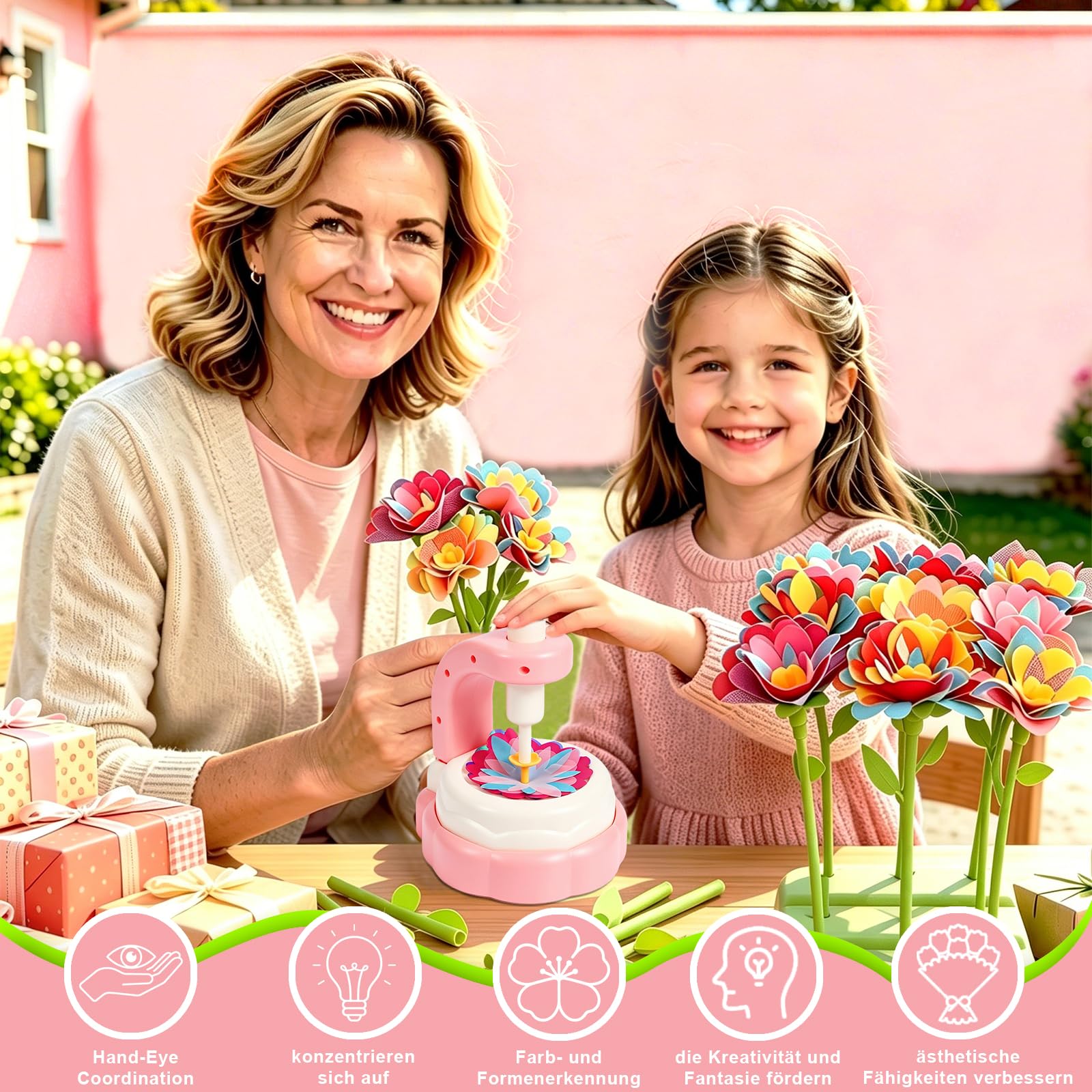 DIY Blumen Basteln Kinder, Blumenpresse mit Blumenmaschine, Komplettes Bastelset mit reichlich Zubehör für Mädchen ab 4–12 Jahre, Bastelspielzeug,Geschenk für Geburtstag, Muttertag und Weihnachten