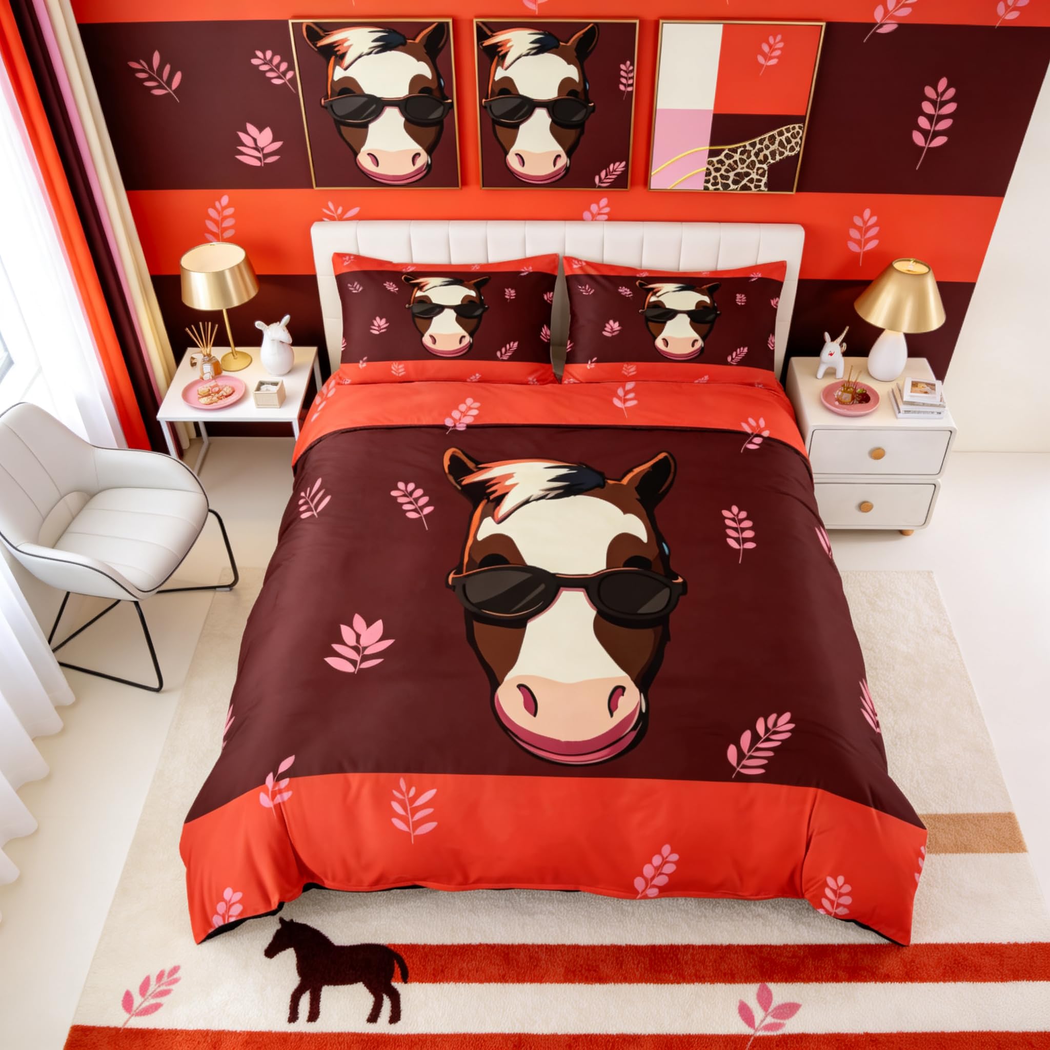 Homemissing Novelty Horse Duvet Cover Set Super King Size for Kids Boys Girls Funny Horse Bedding Set Farm Animals Boho Duvet Cover with 2 Pillowcases Cute Animal Bedding — image 1