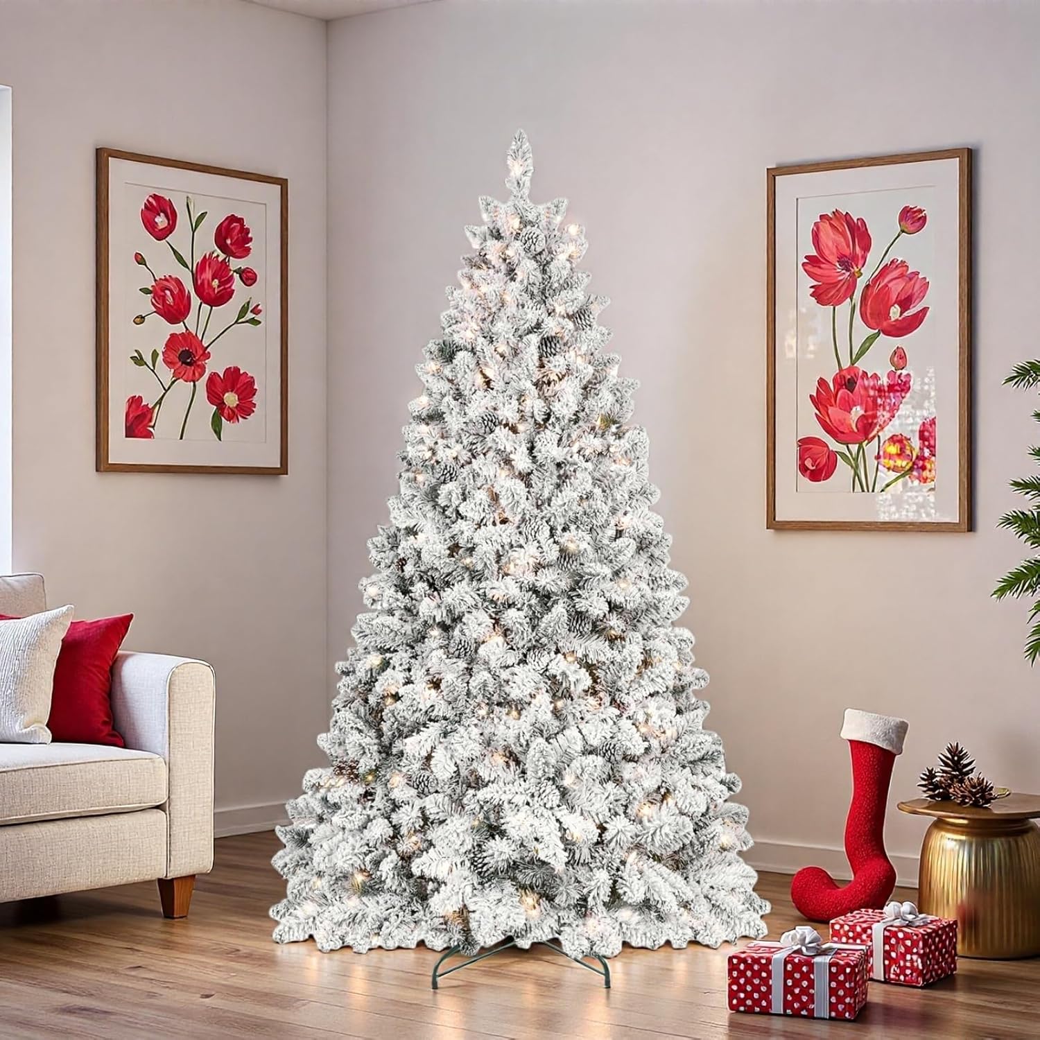 4ft Christmas Tree, Flocked Snowy Artificial Christmas Tree with 21 Pine Cones, Pre-Decorated Winter Wonderland Holiday Decor with 366 Branch Tips, Hinged Design & Stable Metal Stand, White