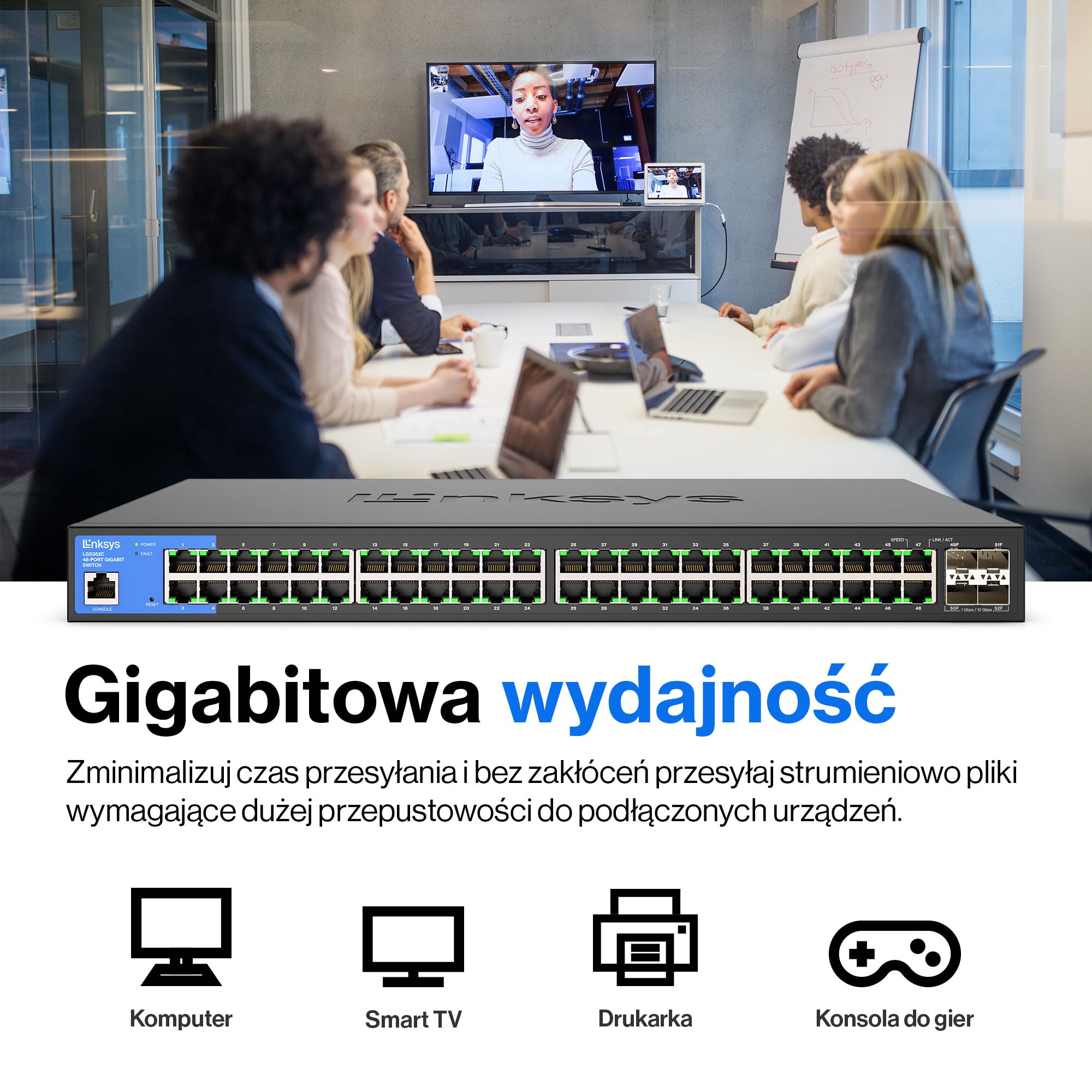 Linksys 48-portowy zarządzalny przełącznik Gigabit Ethernet z 4 łączami nadrzędnymi 10G SFP+