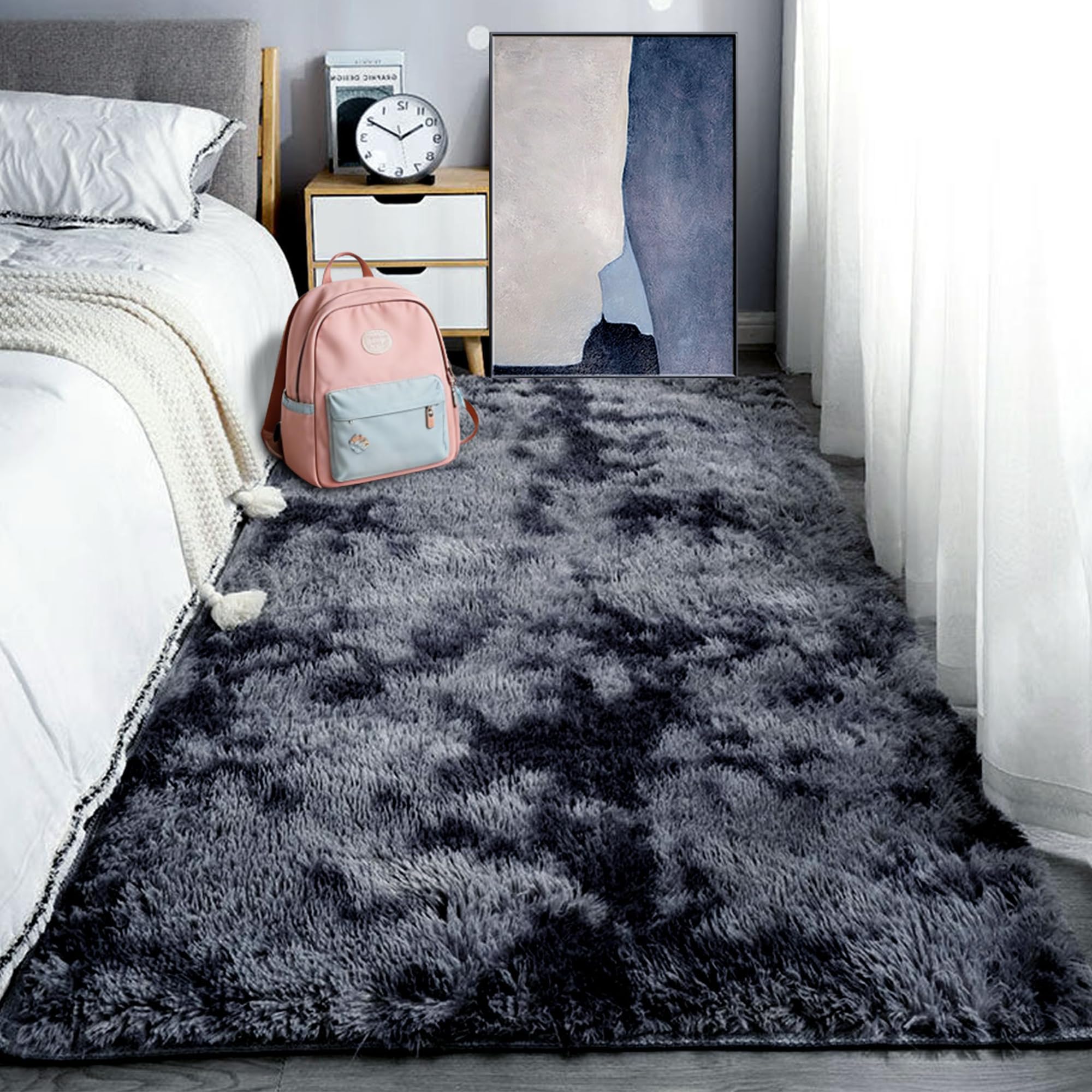 Tapis salon 140 x 190 cm antidérapant lavable doux moelleux gris foncé