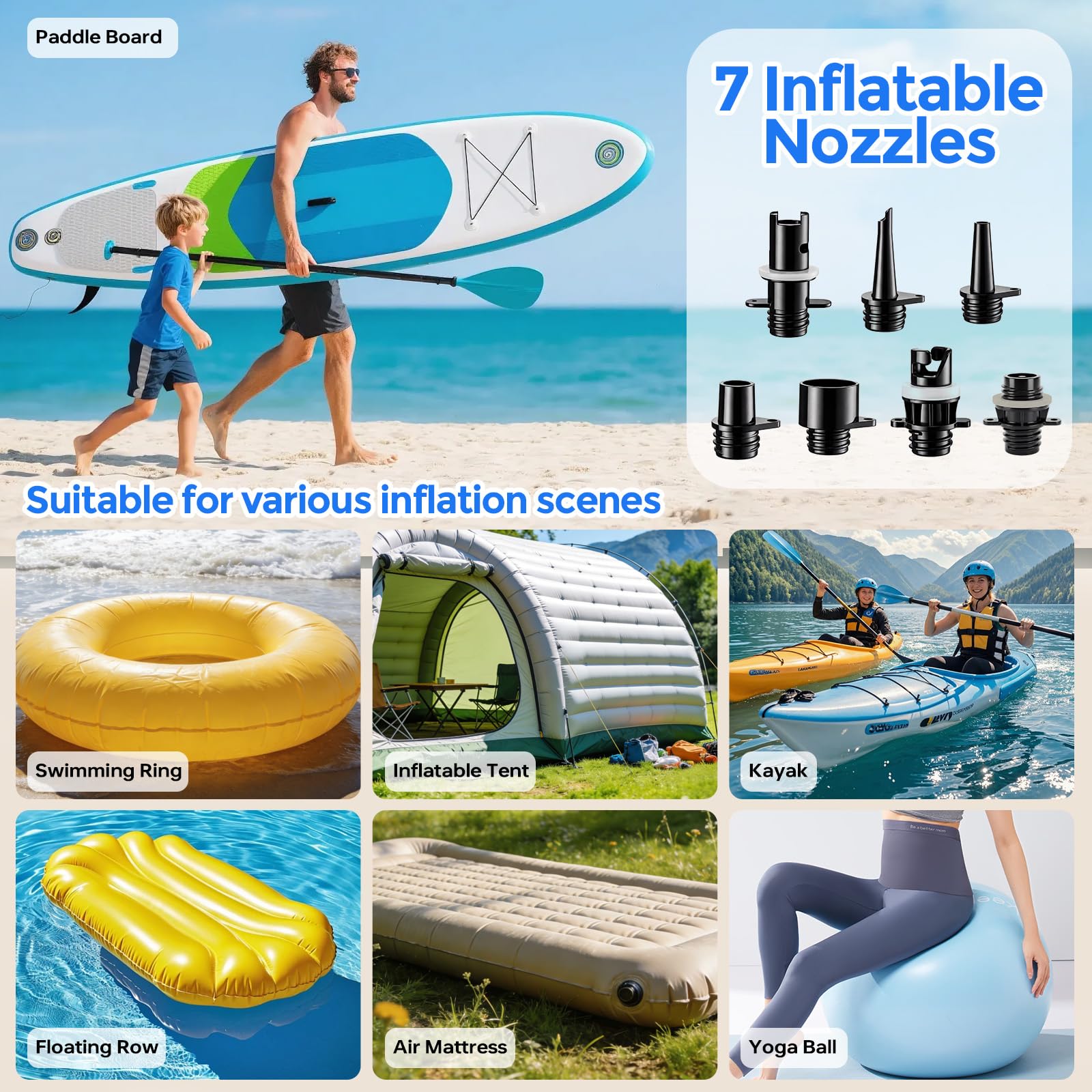 Pompa elettrica SUP 20 PSI Pompe ad aria con batteria ricaricabile da 15600 mAh Intelligente Inflazione/Deflazione Precisione fino a 0,01 bar Spegnimento automatico per tavole SUP kayak