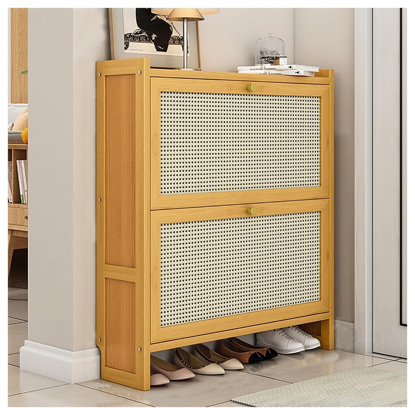 JAVPTAVEntryway Wooden Shoe Cabinet - Modern Slim Shoe Rack Organizer with Doors for Hidden Shoe Storage in Hallway, Bedroom, Living Room(Two Door-wood,L-50cm/19.7in)