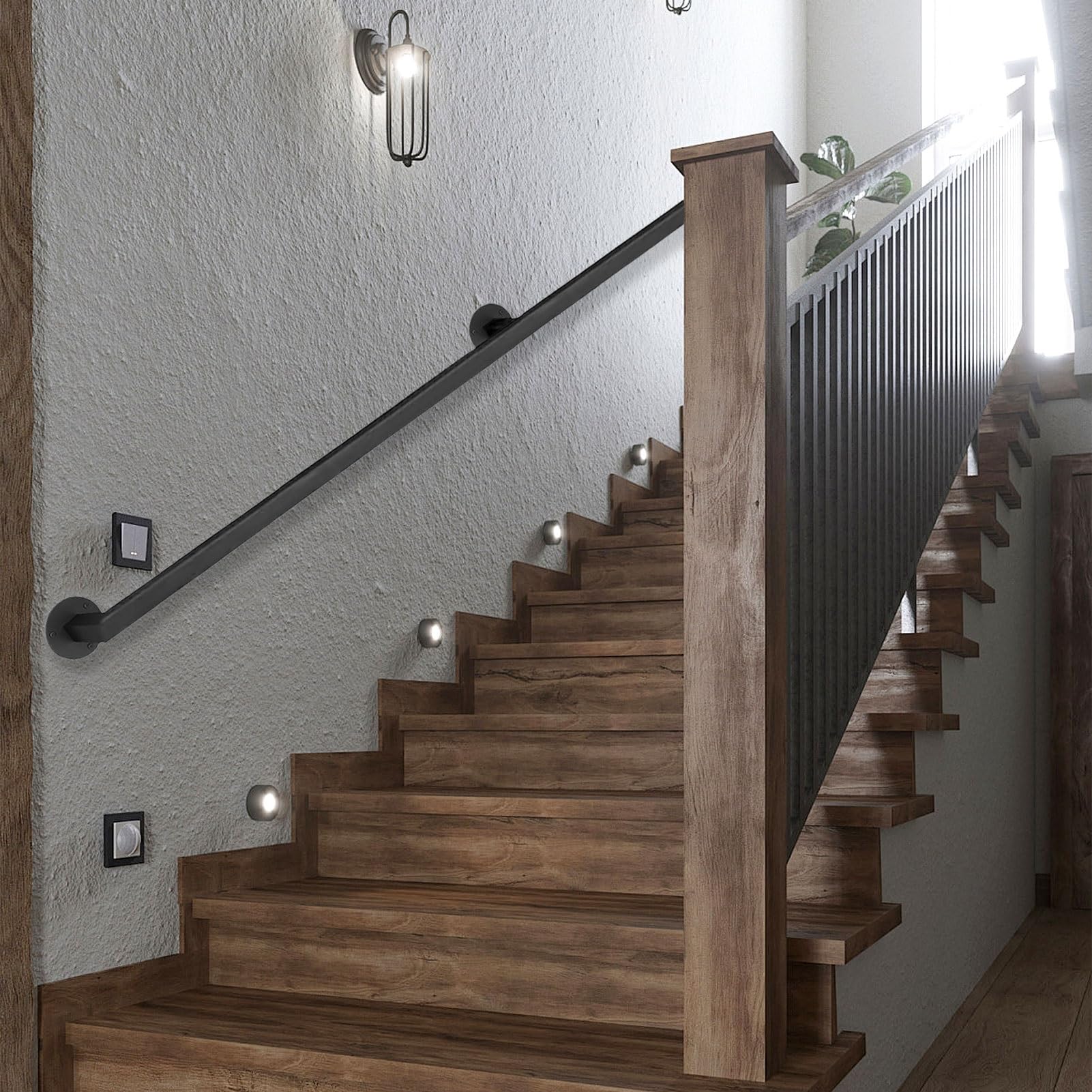 Industrieller Rohr-Wandhandlauf mit Wandhalterungen, Metallschrauben, Viage-Stil, Treppenhandlauf, mattschwarz, 240 cm