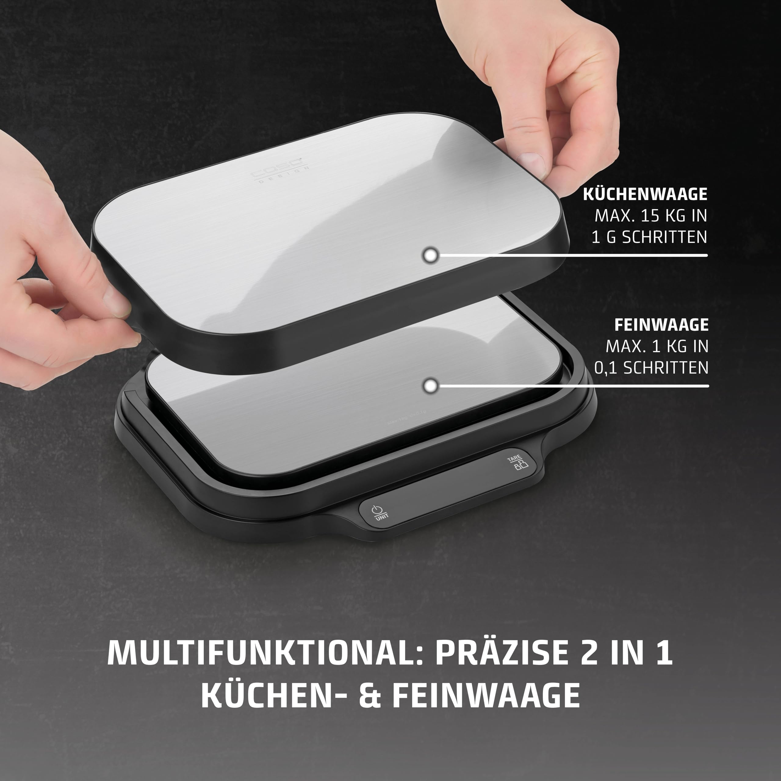 CASO KitchenDuo - 2 in 1 Küchenwaage inkl. Feinwaage, normale Wiegeskala 15kg in 1 g Schritten, Feinwaage bis 1 kg in 0,1 g Schritten, Hold Funktion, Gramm, Oz, ml, Edelstahl-Oberfläche