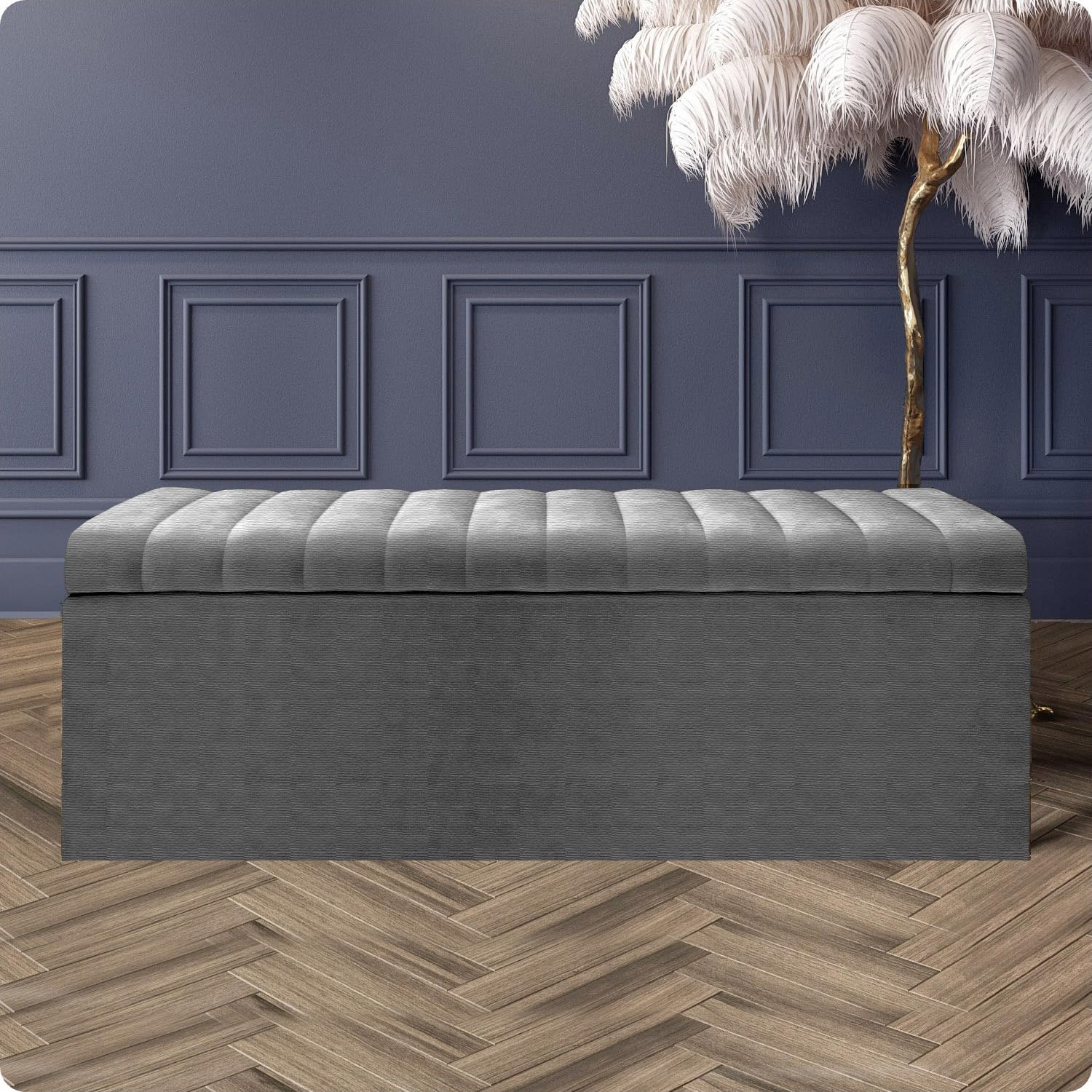 Naples Velvet Ottoman Storage Box, Upholstered Blanket Box with Hinged Lid, Bedroom Storage Ottoman, End of Bed Storage Bench, Padded Ottoman Storage Seat for Living Room & Hallway