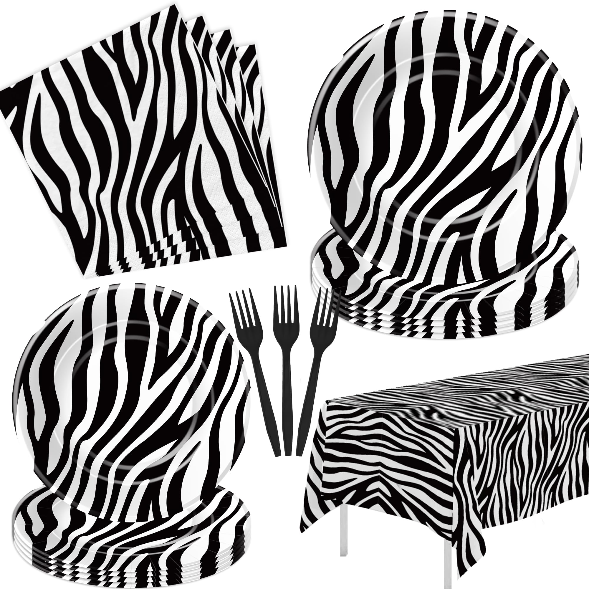 Zebra Print Birthday Party Supplies - Zebra Print Party Decorations Tableware, Paper Plate, Napkin, Disposable Fork, Jungle Animal Texture Zebra Print Table Decorations Dinnerware | Serve 24