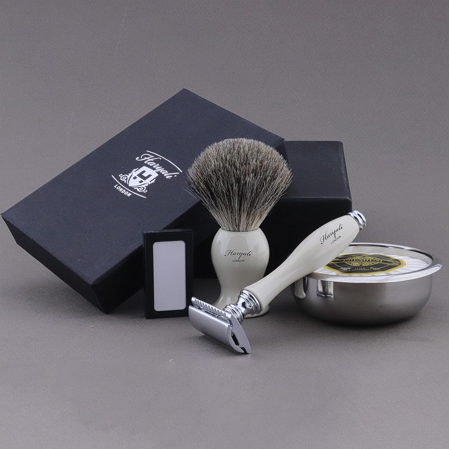 Shaving Kit – 4 Pc Shaving Kit – Double Edge Safety Razor - Super Badger Shaving Brush – Shaving Soap – Shaving Bowl – Shaving Set as Gift – White Color Safety Razor Set