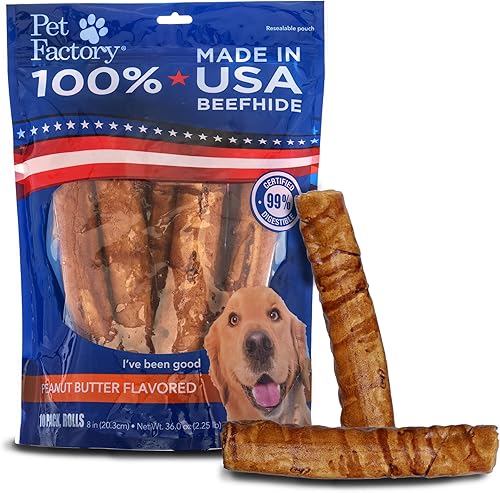 Pet Factory 100 % hechos en Estados Unidos de piel de res de 8 pulgadas, rollos de golosinas masticables para perros, sabor a mantequilla de maní,