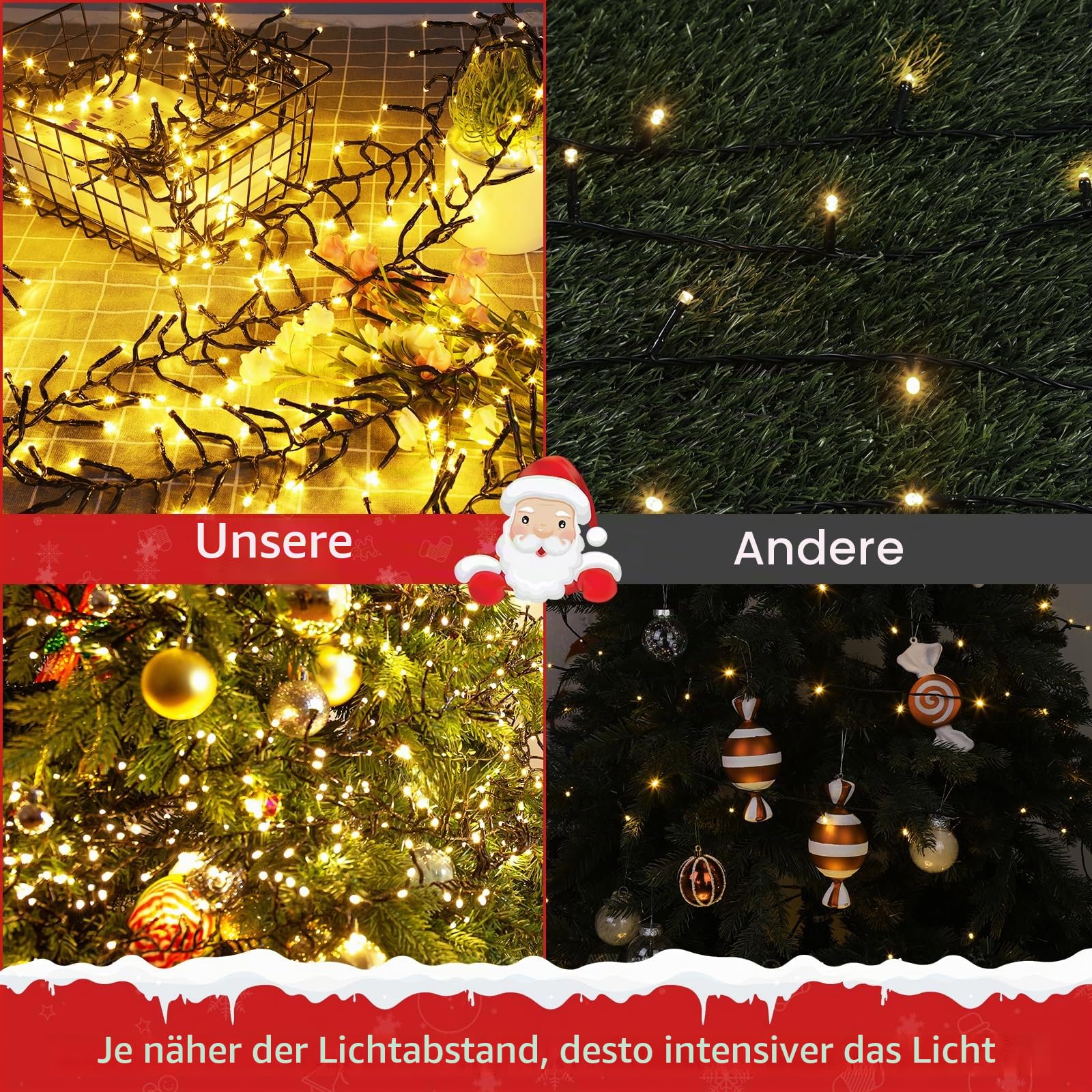 1000 LED Cluster Lichterkette Warmweiß, Büschellichterkette Außen mit Stecker Innen Strom 8 Modi, 10m Wasserdichte Weihnachtsbeleuchtung mit Memoryfunktion für Weihnachten Party Garten Balkon