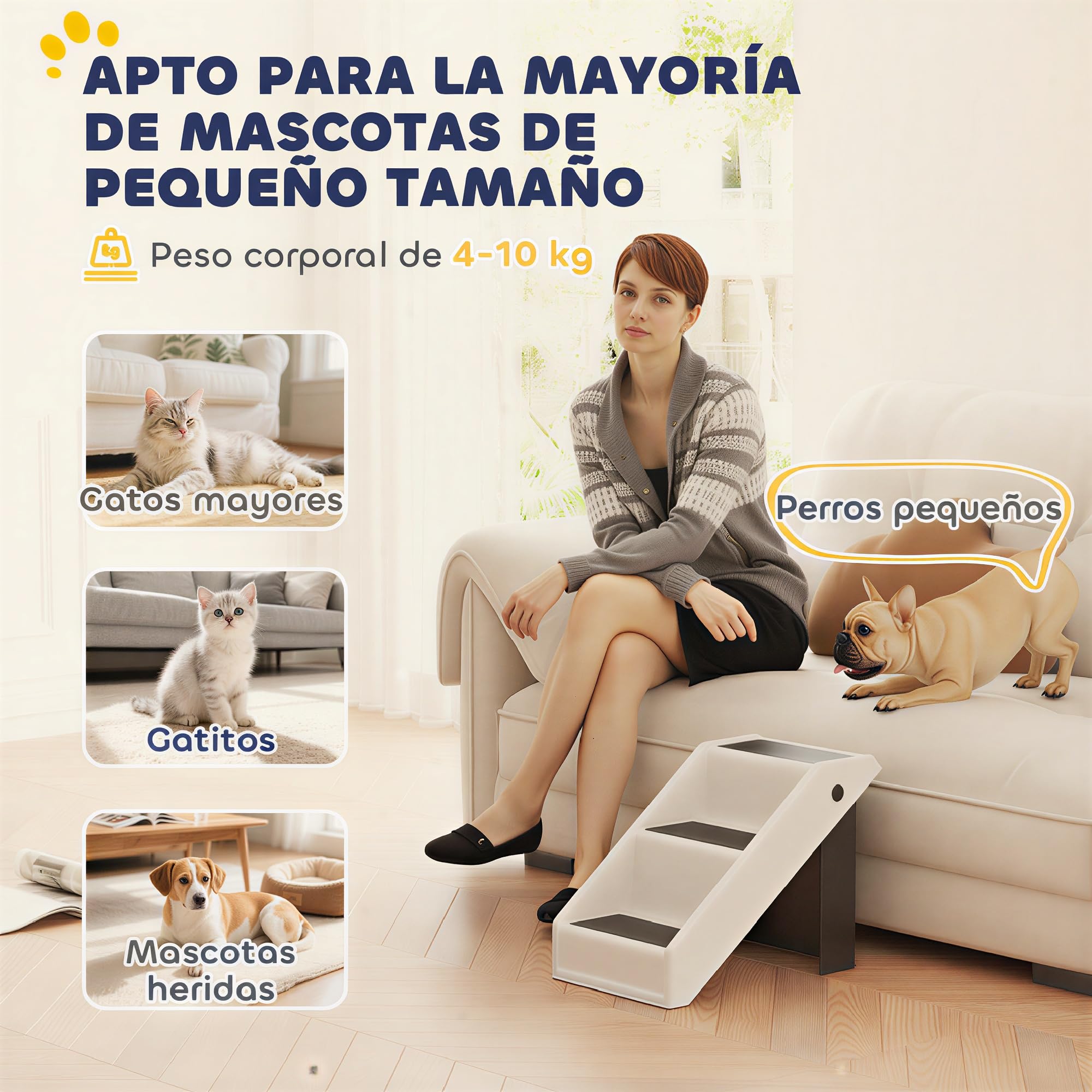 PawHut Escalera para Perros Plegable de 3 Peldaños Portátil Escalera para Mascotas Mayores Perros Pequeños Gatos para Sofá y Cama 53x30,5x36,5 cm Blanco Crema