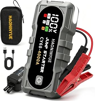 4000A Car Battery Jumper Starter, Battery Jumper Starter Portable 8.0LGas/6L Diesel, 16000mAh Charging Jump Box, Portable Car Jump Starter with Jumper Cables and 600LM LED Light