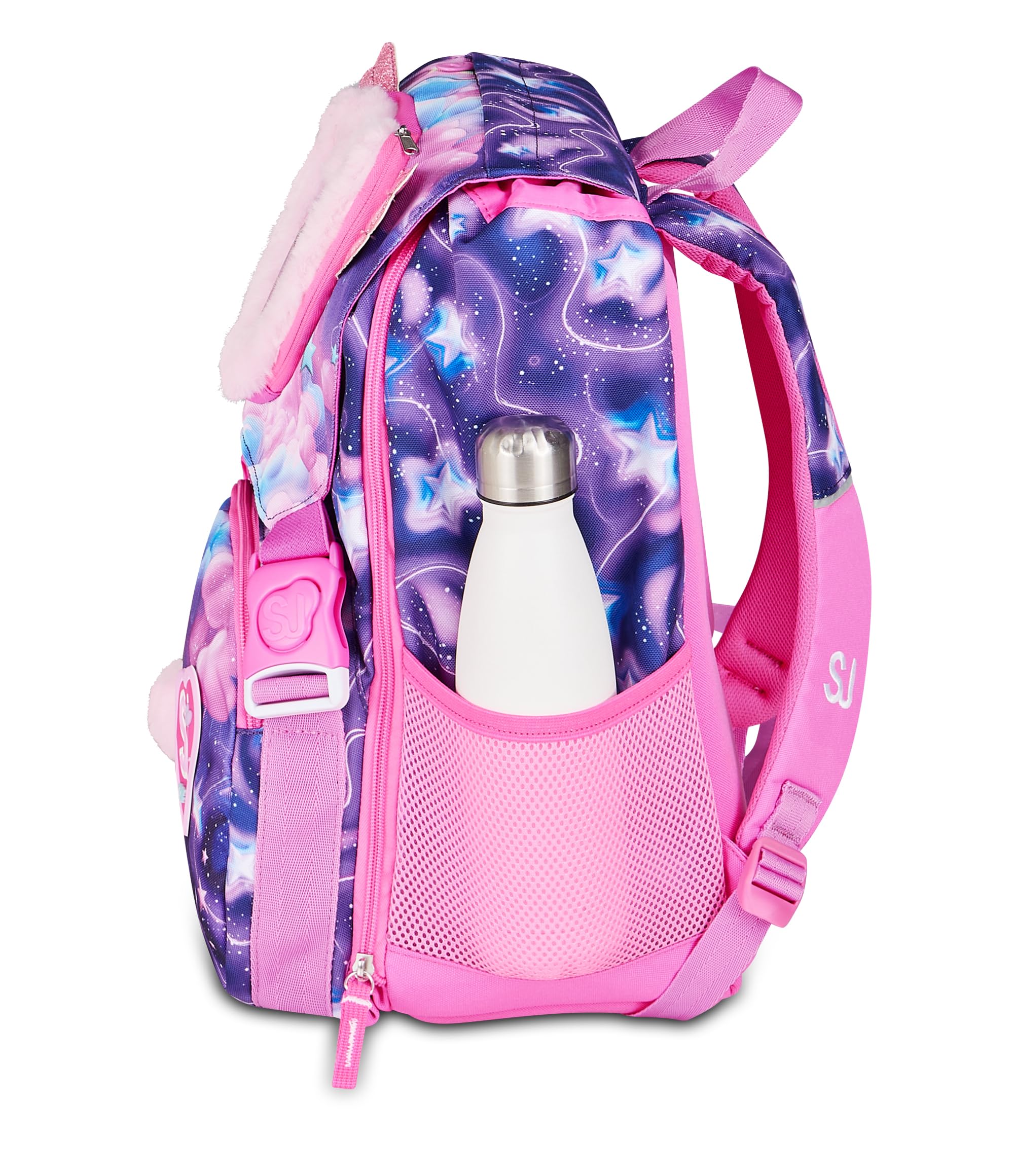 SJ GANG STYLE JAM GANG Zaino Scuola Estensibile Big FLUFFY PINK GIRL, Viola, 24 L, Zip laterali, Applicazioni pelose, Portachiavi astronauta, Tasca portaborraccia, Elementari e medie, Bambina, Ragazza