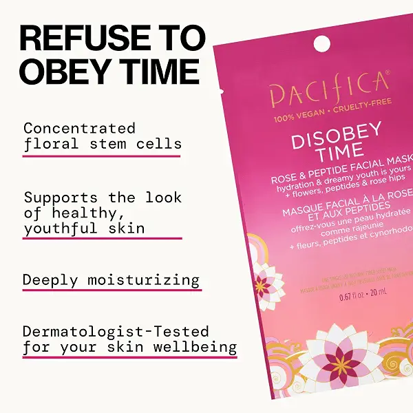 Pacifica Disobey Time Rose & Peptide Facial Sheet Mask Hydrating Anti-Aging Mask for Fine Lines & Dry Skin Infused w/Hyaluronic Acid & Chamomile Clean Beauty Vegan & Cruelty-Free Dermatologist Tested 3