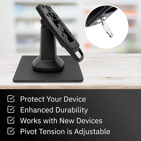 ENS Tailwind Verifone V200/V400 7 Latch and Key Lock Flexipole Plus Pole Mount Terminal Stand with Square Freestanding Mobility Base Plate, Black
