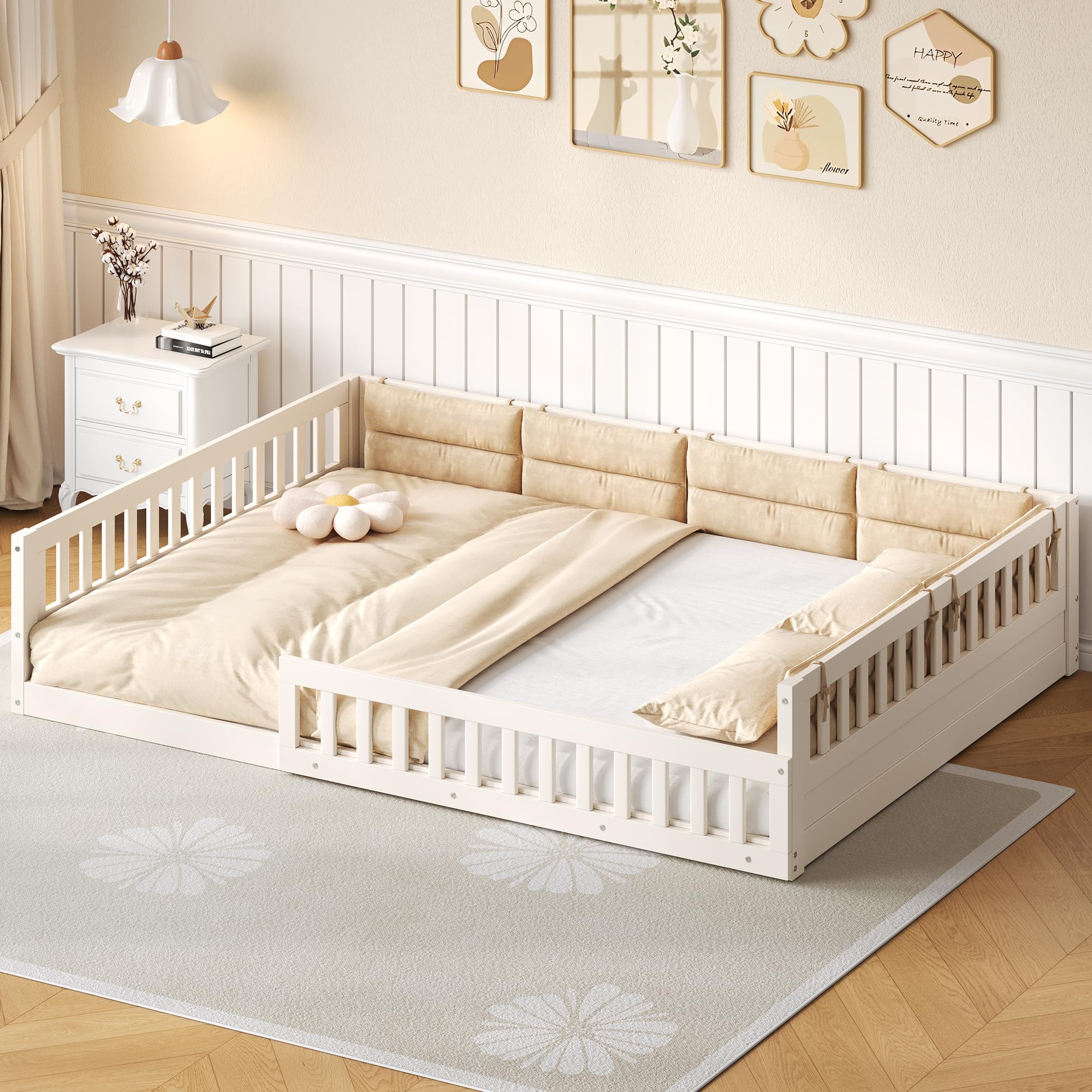 Merax Full Size Upholstered Platform Bed with Guardrail &amp; Pillow, Solid Pine Wood Bed Frame, No Box Spring Needed, 600 lbs Capacity Safety Guaranteed Easy to Assemble for Bedroom, Beige