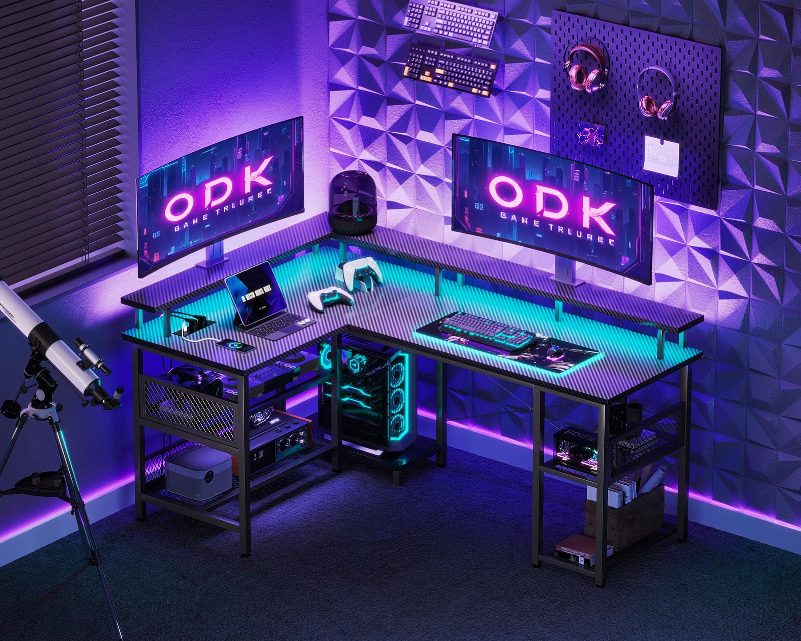 ODK Scrivania Gaming con LED, Scrivania Angolare Reversibile con 2 Prese e 2 Porte USB, Grande Scrivania Gaming Angolare con Ripiano in Rete, Nero Fibra di Carbonio, 150×102 cm