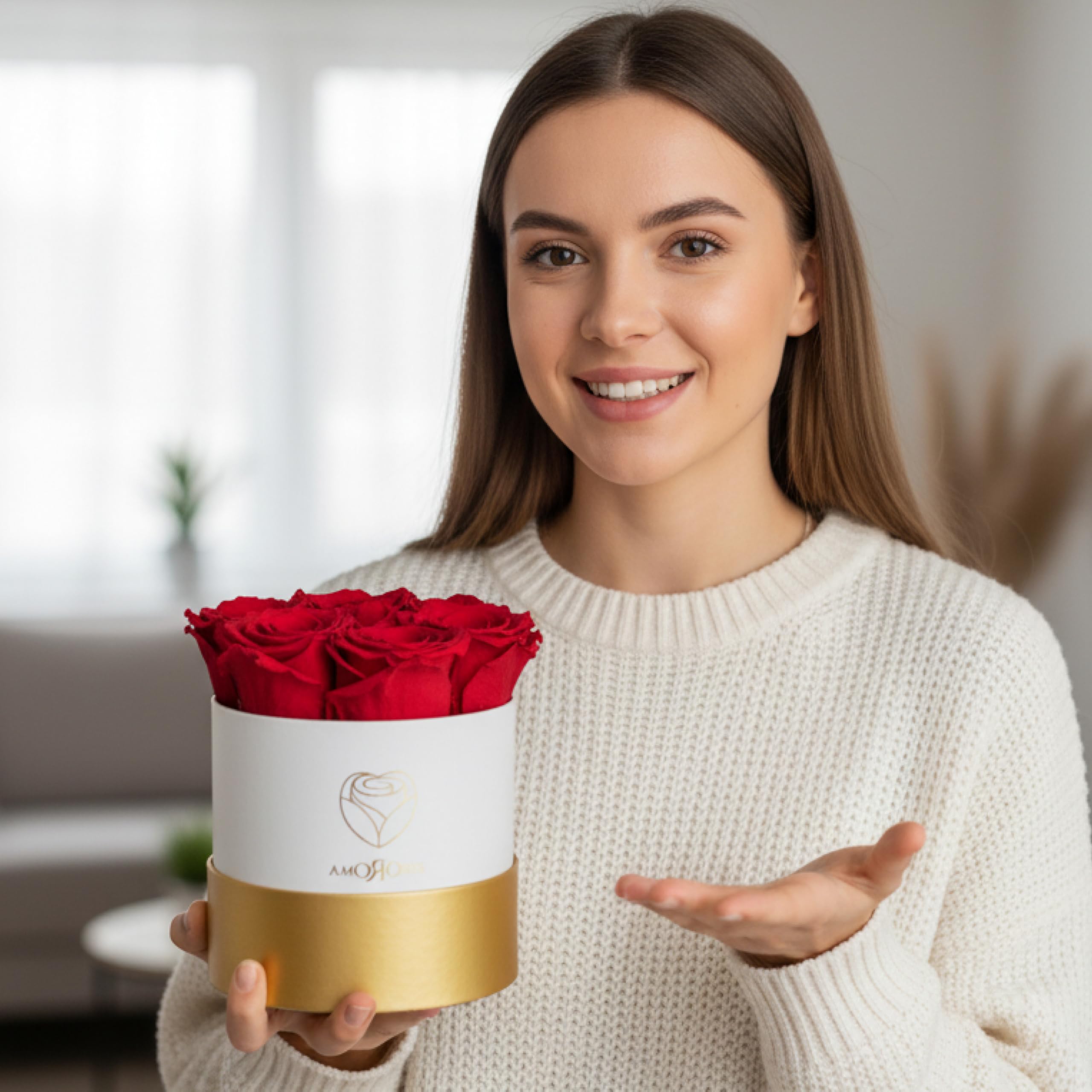 Amoroses Petite - Caja de Regalo 5 Rosas Eternas Estabilizadas - Elegante Ramo de Flores Reales | Idea de regalo (Petite Caja Blanca con Rosas Rojas)